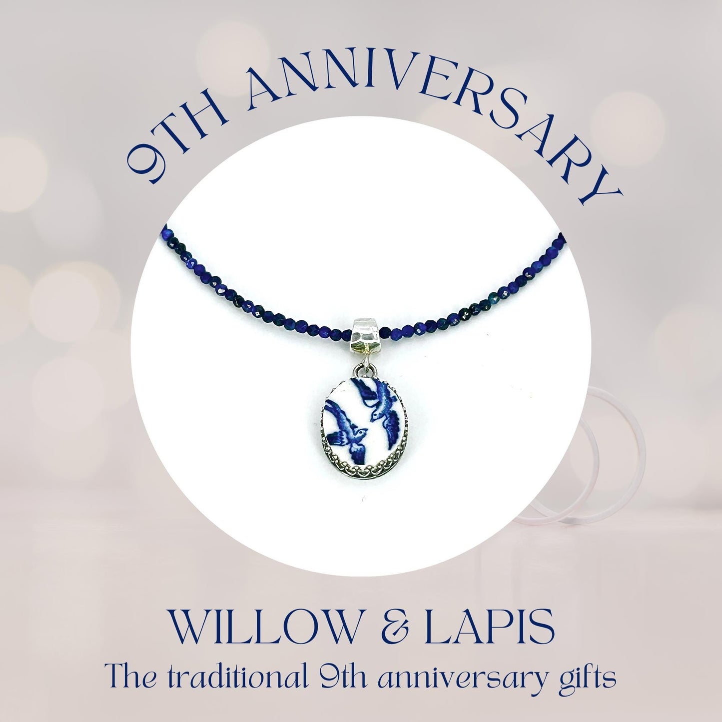 Keepsake 9th Anniversary Gifts for Wife, Dainty Sterling Silver Love Birds Pendant Necklace, Blue Willow Broken China Jewelry, Lapis Lazuli