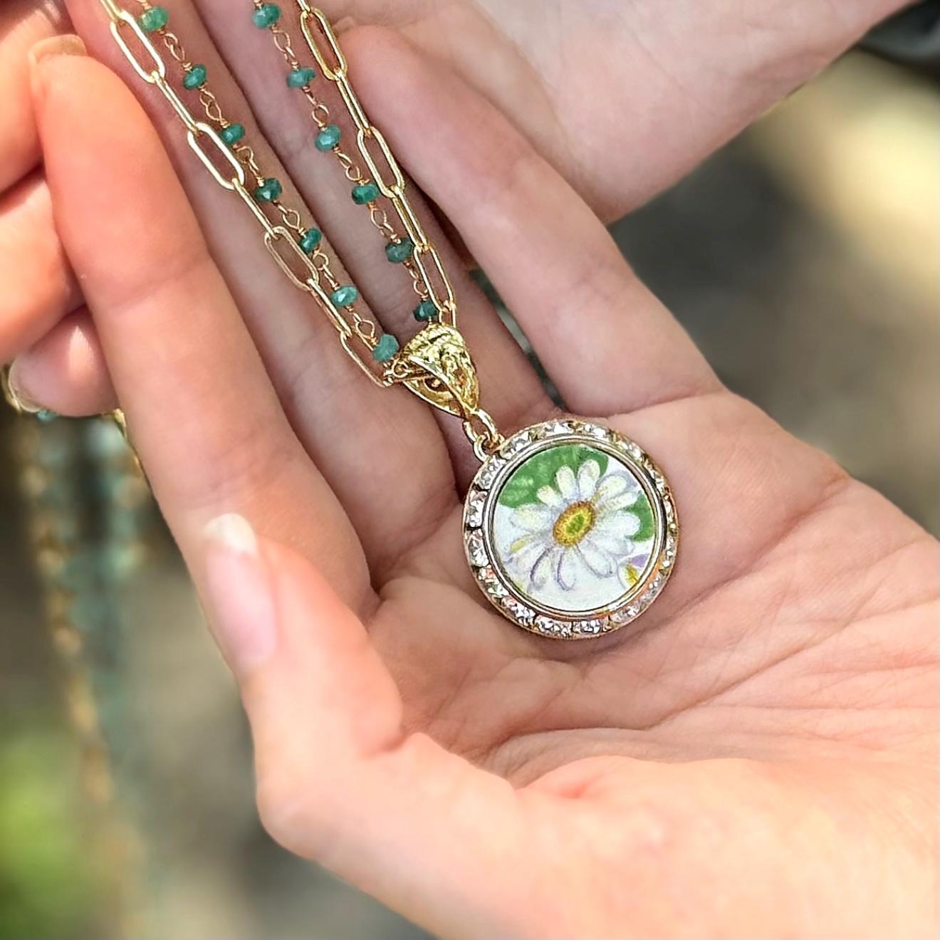 Emerald 20th Wedding Anniversary Necklace, Gifts for Wife, Gold Crystal Daisy Necklace, Broken China Jewelry, Unique Vintage Gifts for Her