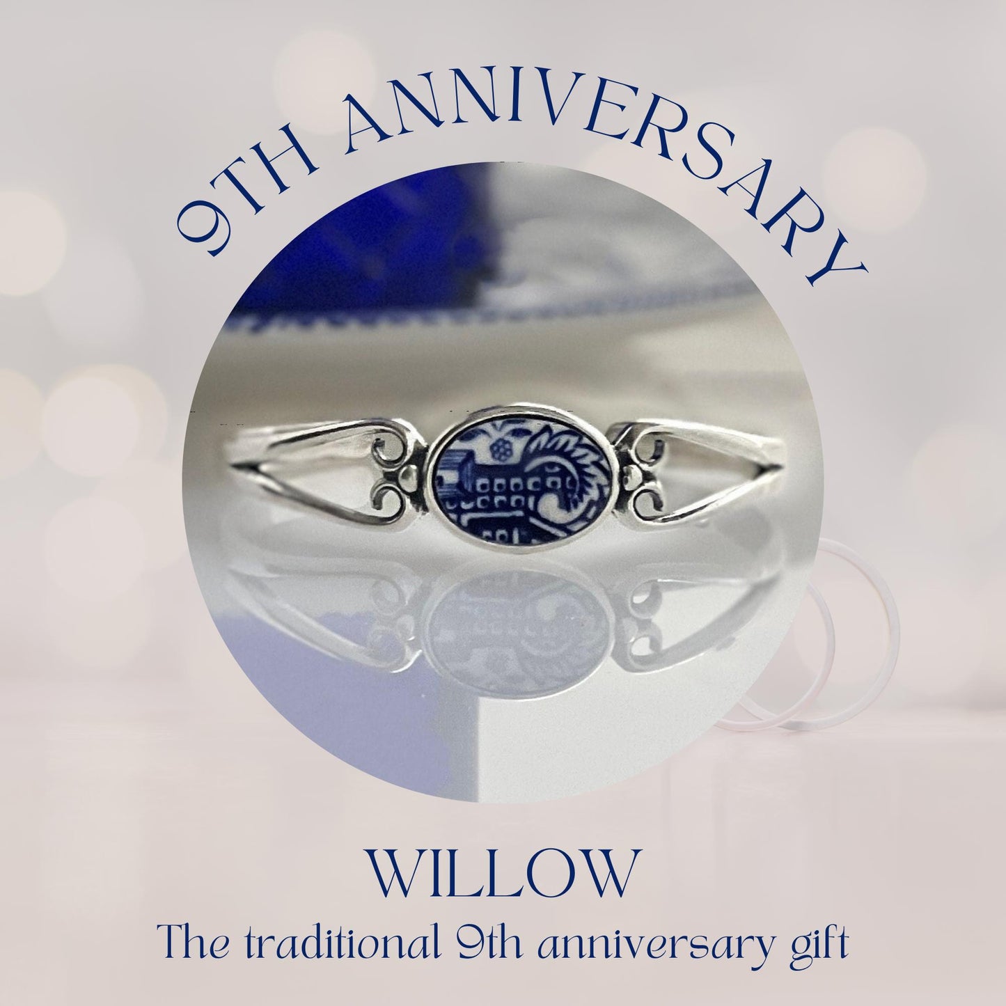 Blue Willow Broken China Jewelry Bracelet, Unique 9th Anniversary Gift for Wife
