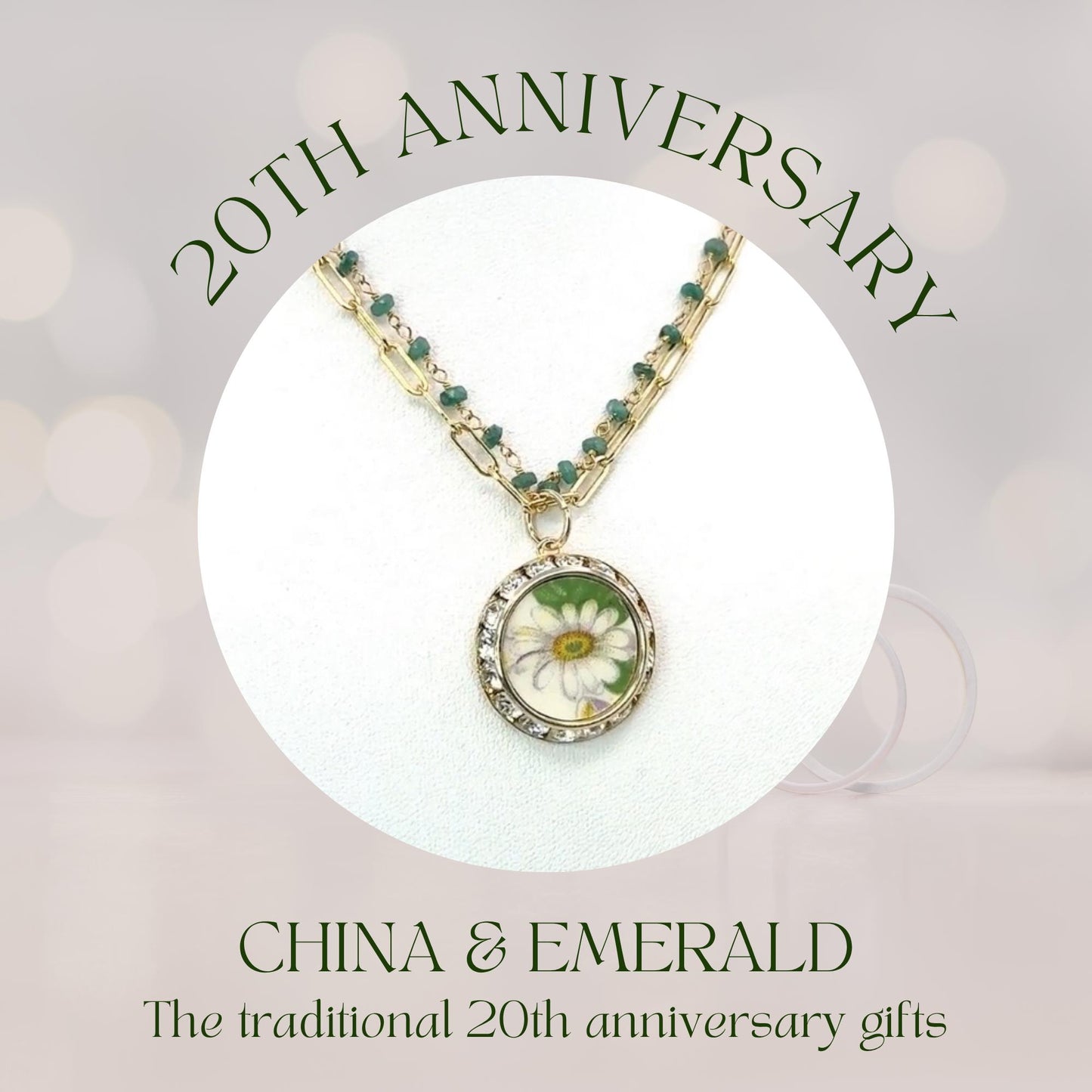 Emerald 20th Wedding Anniversary Necklace, Gifts for Wife, Gold Crystal Daisy Necklace, Broken China Jewelry, Unique Vintage Gifts for Her