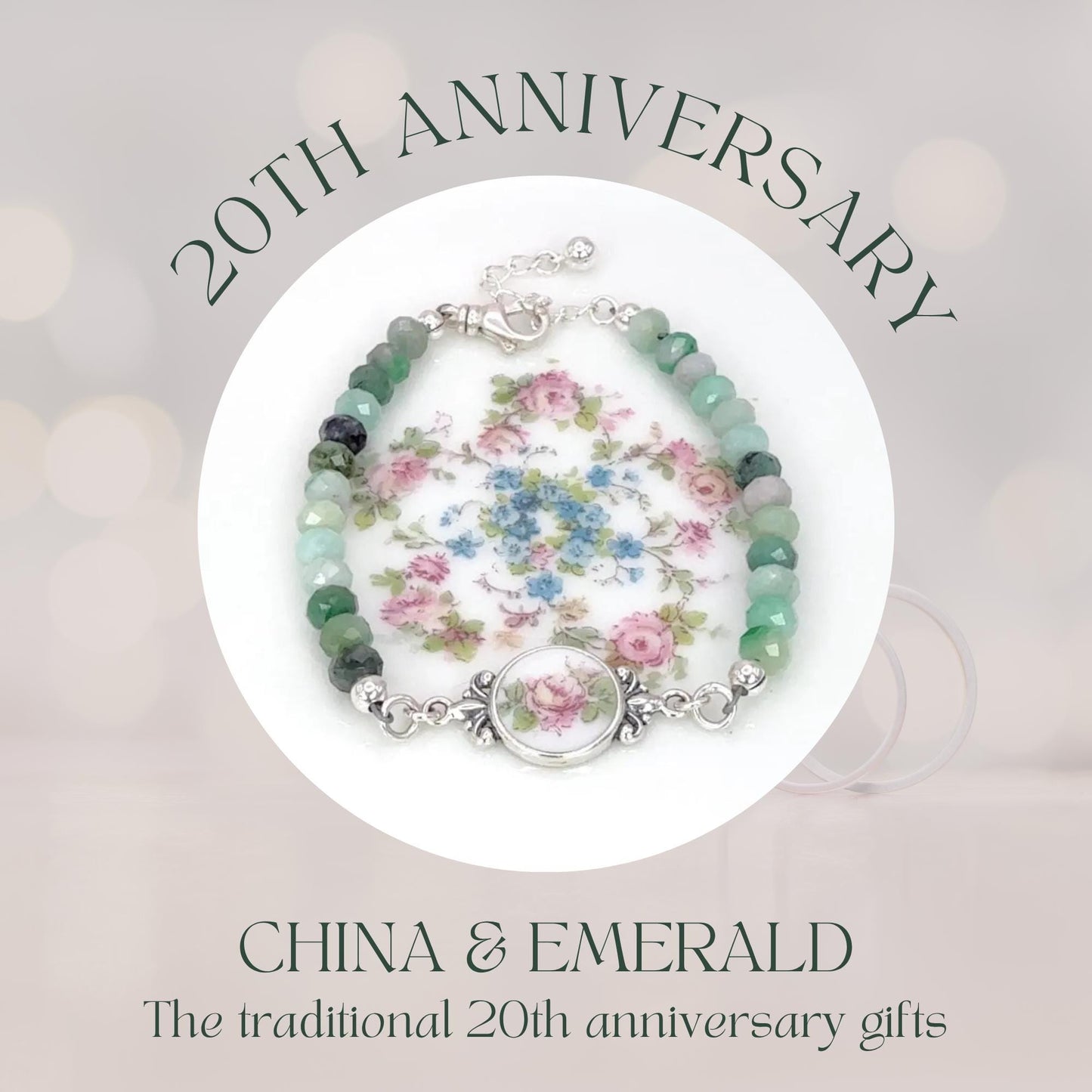 Emerald 20th Anniversary Gifts for Wife, Gemstone Bracelet, Antique Broken China Jewelry, Gifts for Women, Sterling Silver