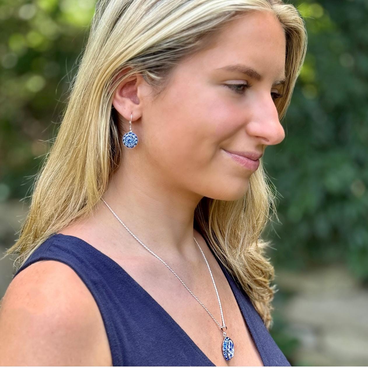 September Birthstone Necklace and Earrings Set, Sapphire Blue Crystal Broken China Jewelry, Gifts for Her, Shelley Dainty Blue China Pattern