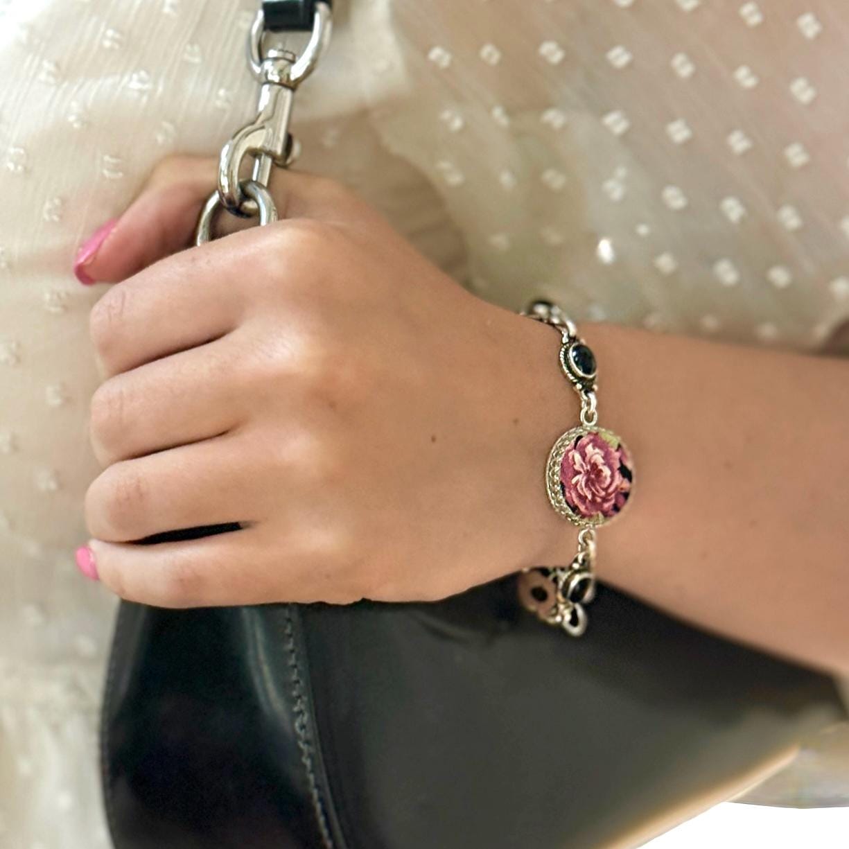 Unique 2nd Wedding Anniversary Gifts for Wife, Vintage Chintz China, Sterling Silver and Black Onyx, Broken China Jewelry Bracelet