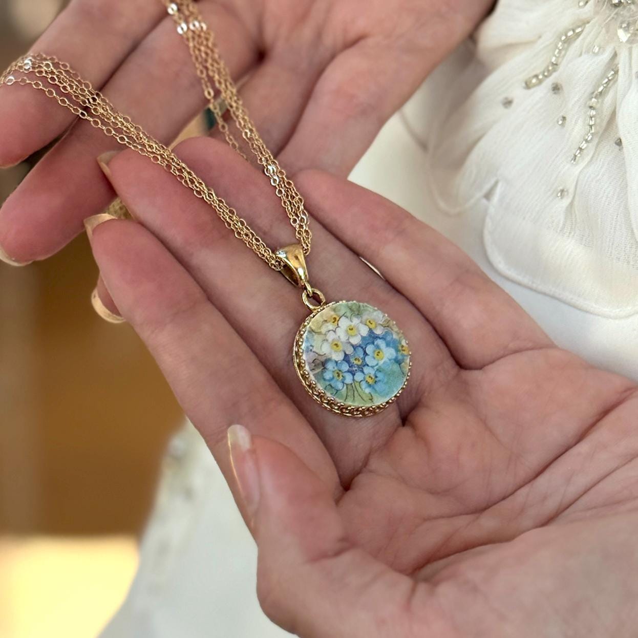 14K Solid Gold Forget-Me-Not Pendant or Necklace, Broken China Jewelry, 20th Wedding Anniversary Gifts for Wife, Gift for Bride From Groom
