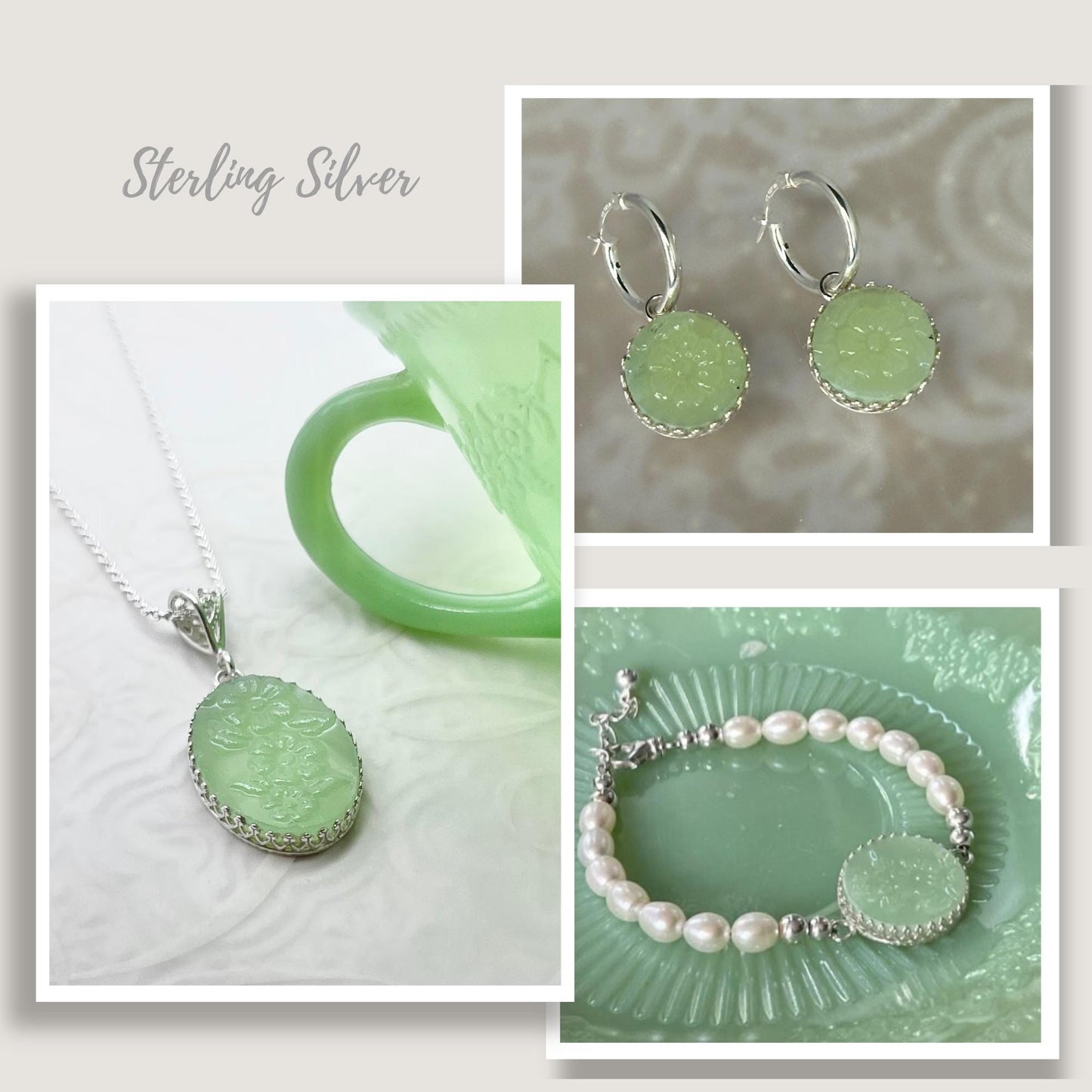 Oval Fire King Alice Jadeite Jewelry Necklace, Sterling Silver, Unique Gift for Women, Broken China Jewelry, Mid Century, Gifts for Her