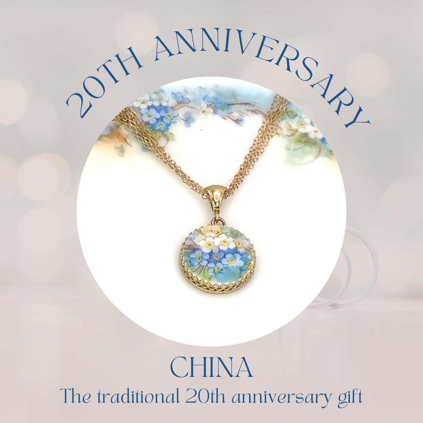 14K Solid Gold Forget-Me-Not Pendant or Necklace, Broken China Jewelry, 20th Wedding Anniversary Gifts for Wife, Gift for Bride From Groom