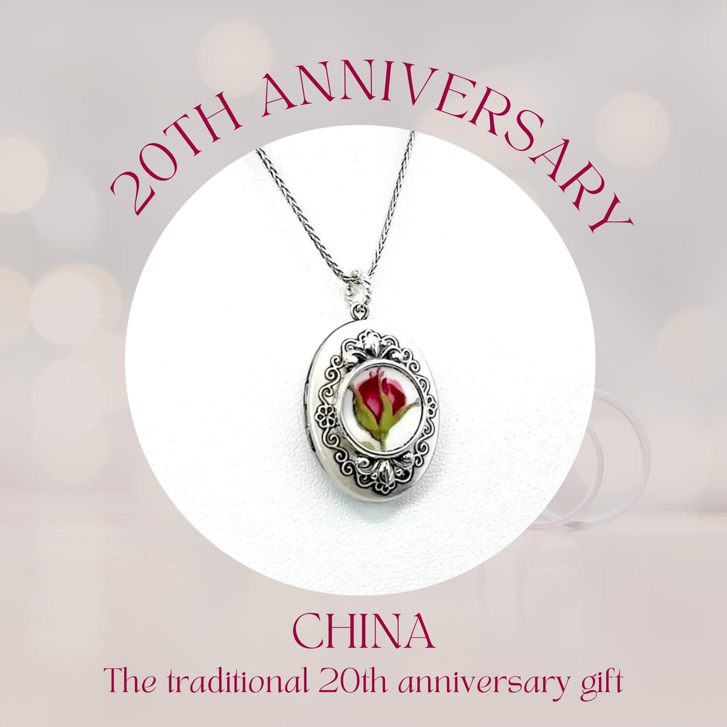 Red Rose 20th Anniversary Photo Locket Necklace, Keepsake Gifts for Wife, Sterling Silver Victorian Broken China Jewelry, Love Gifts for Her