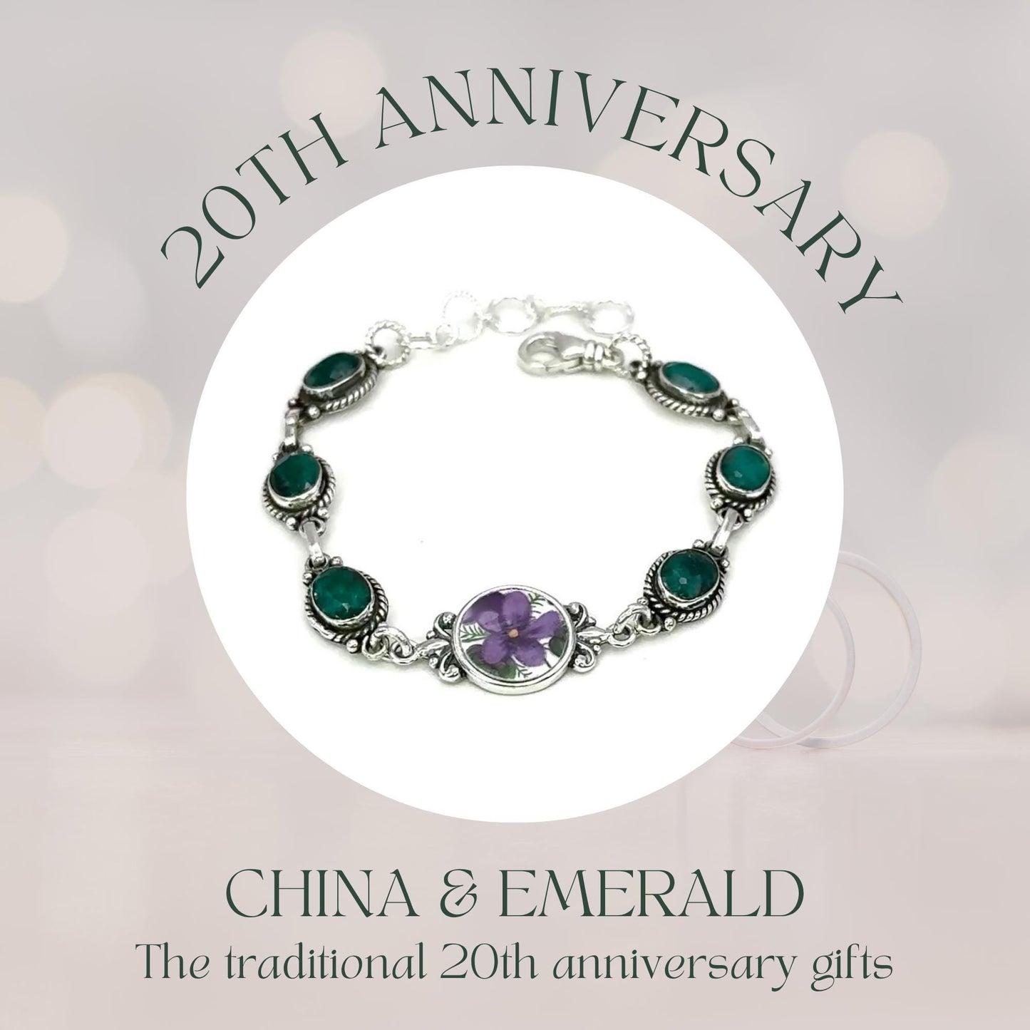 Emerald 20th Wedding Anniversary Gifts for Wife, Gemstone Bracelet, Purple Violet Broken China Jewelry, Unique Gift for Her, Sterling Silver