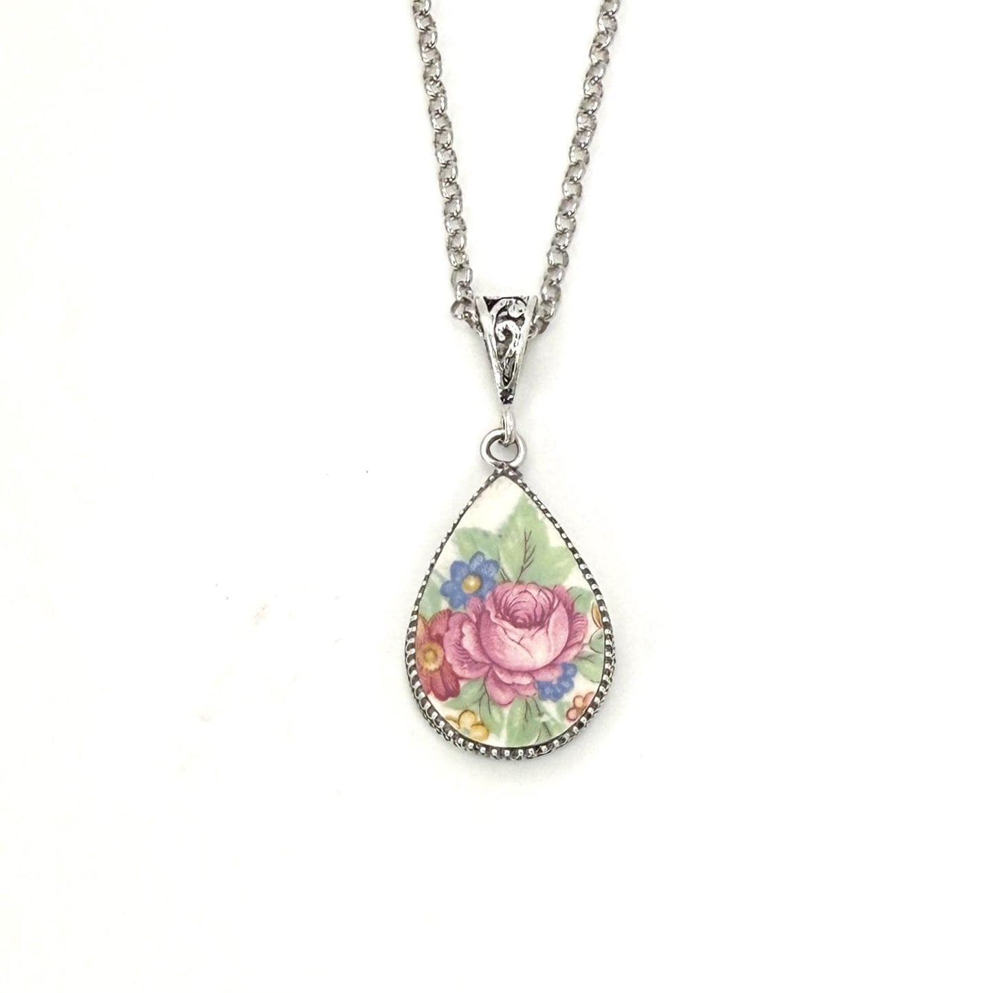 Pink Rose Vintage China Necklace, Unique 20th Anniversary Gifts for Wife, Broken China Jewelry, Sterling Silver, Repurposed American China