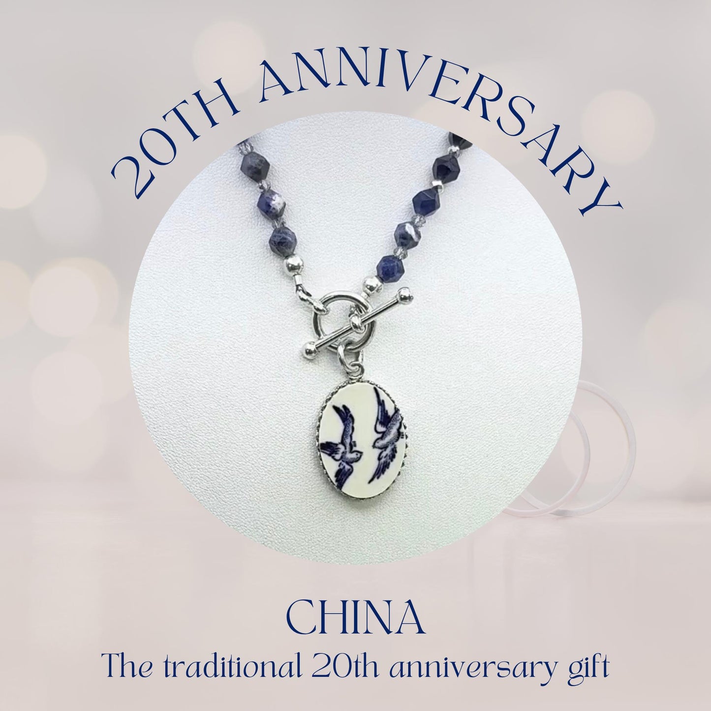 Sentimental 20th Anniversary Gift for Wife, Blue Willow Love Birds Broken China Jewelry, Unique Keepsake Gifts for Women, Sodalite Stones