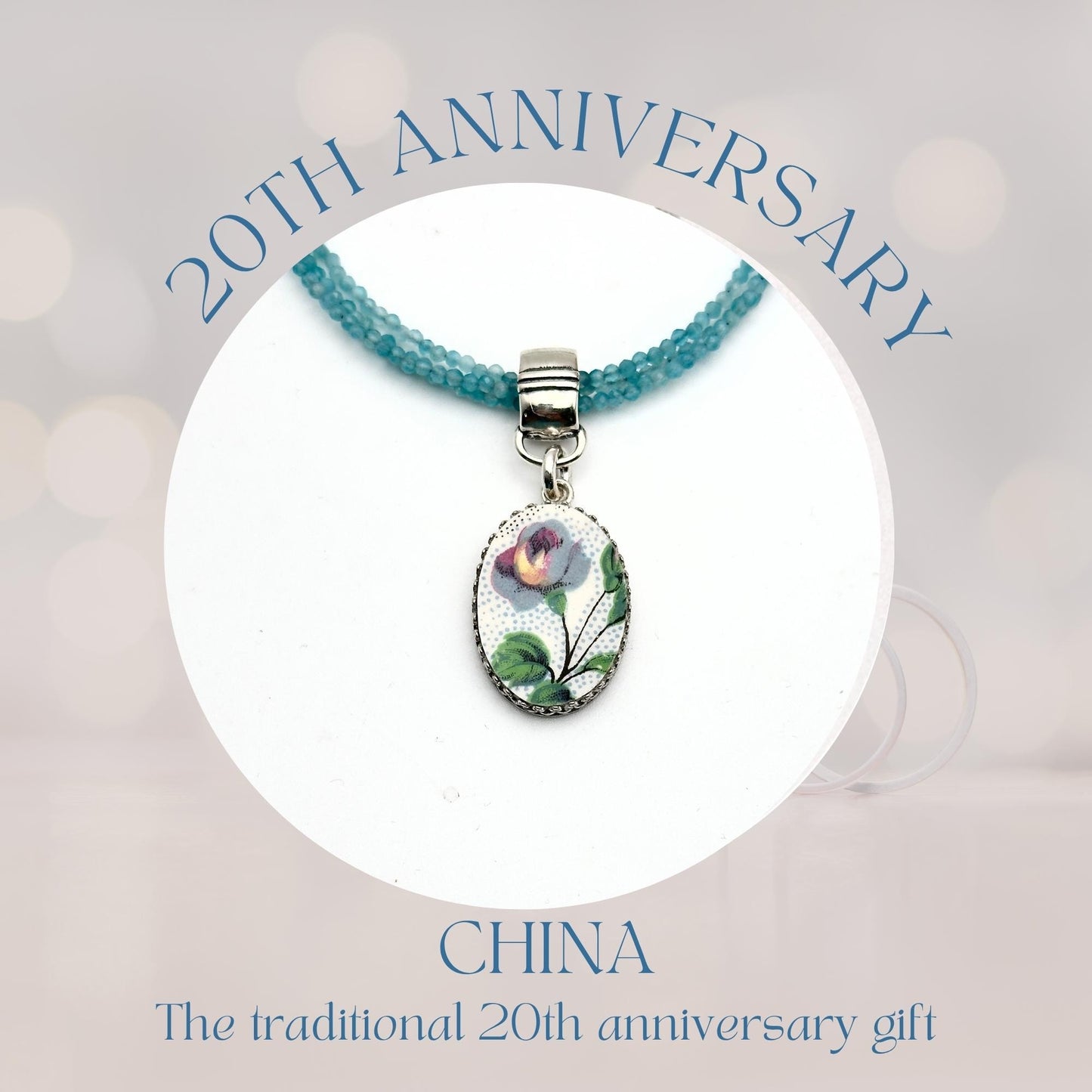 20th Wedding Anniversary Vintage China Gifts for Wife, Blue Rose Broken China Necklace, Apatite Gemstones, Statement Jewelry, Triple Strand