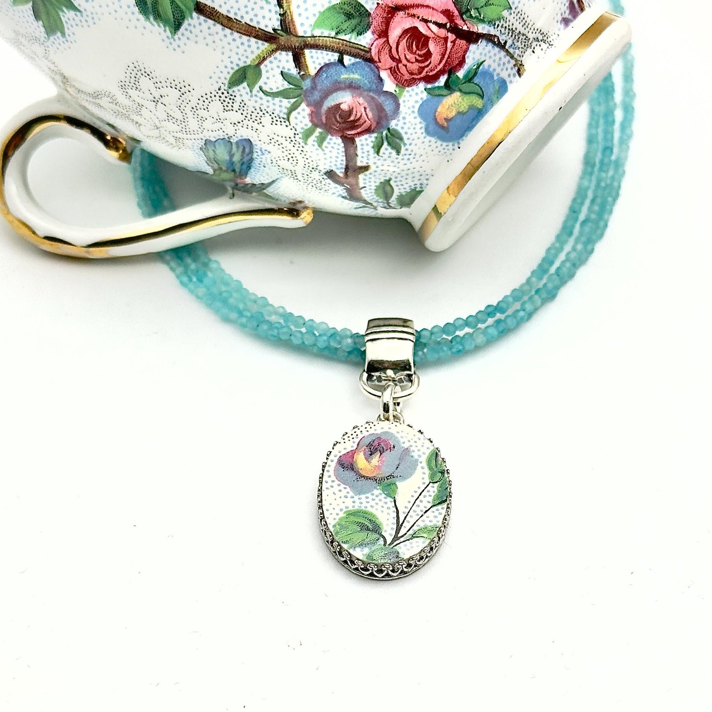 20th Wedding Anniversary Vintage China Gifts for Wife, Blue Rose Broken China Necklace, Apatite Gemstones, Statement Jewelry, Triple Strand