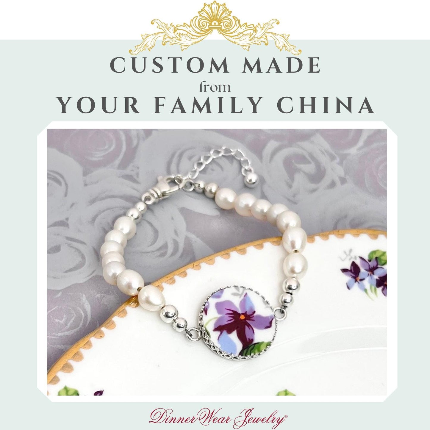 CUSTOM ORDER Freshwater Pearl China Charm Bracelet, Custom Broken China Family Jewelry Made From Your China, Jewelry Made From Dishes