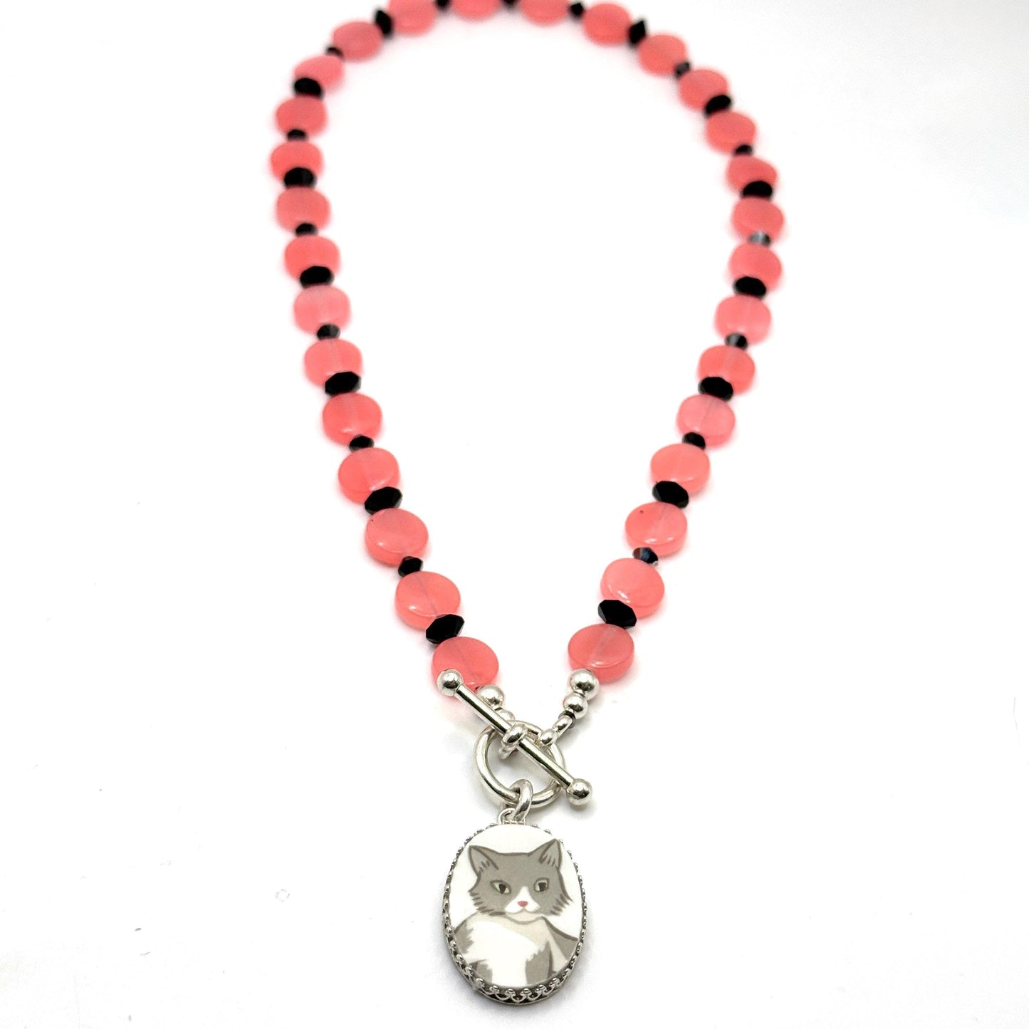 Gray Cat Broken China Necklace, Pink Nose Kitty, Jade and Jet Black Crystals Toggle Necklace, Gifts for Cat Lovers, Colorful Cat Jewelry