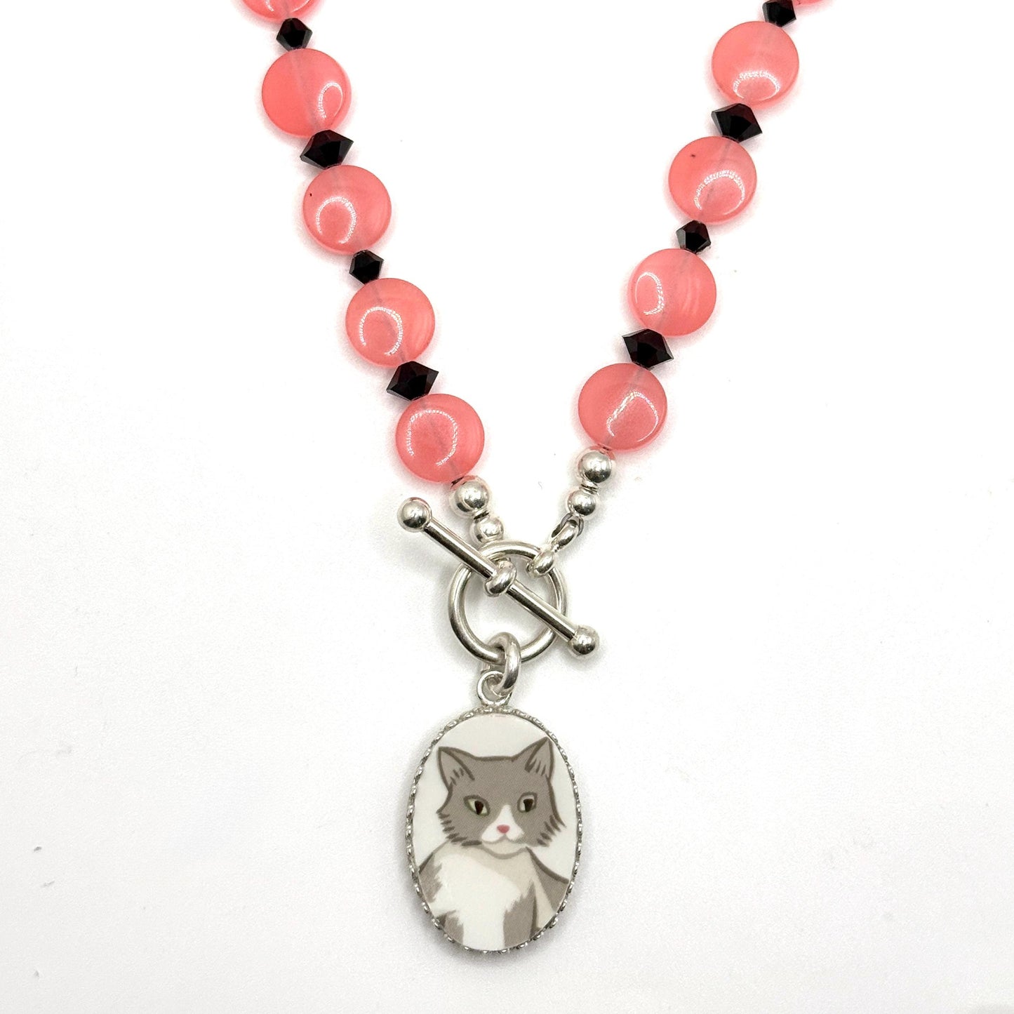 Gray Cat Broken China Necklace, Pink Nose Kitty, Jade and Jet Black Crystals Toggle Necklace, Gifts for Cat Lovers, Colorful Cat Jewelry