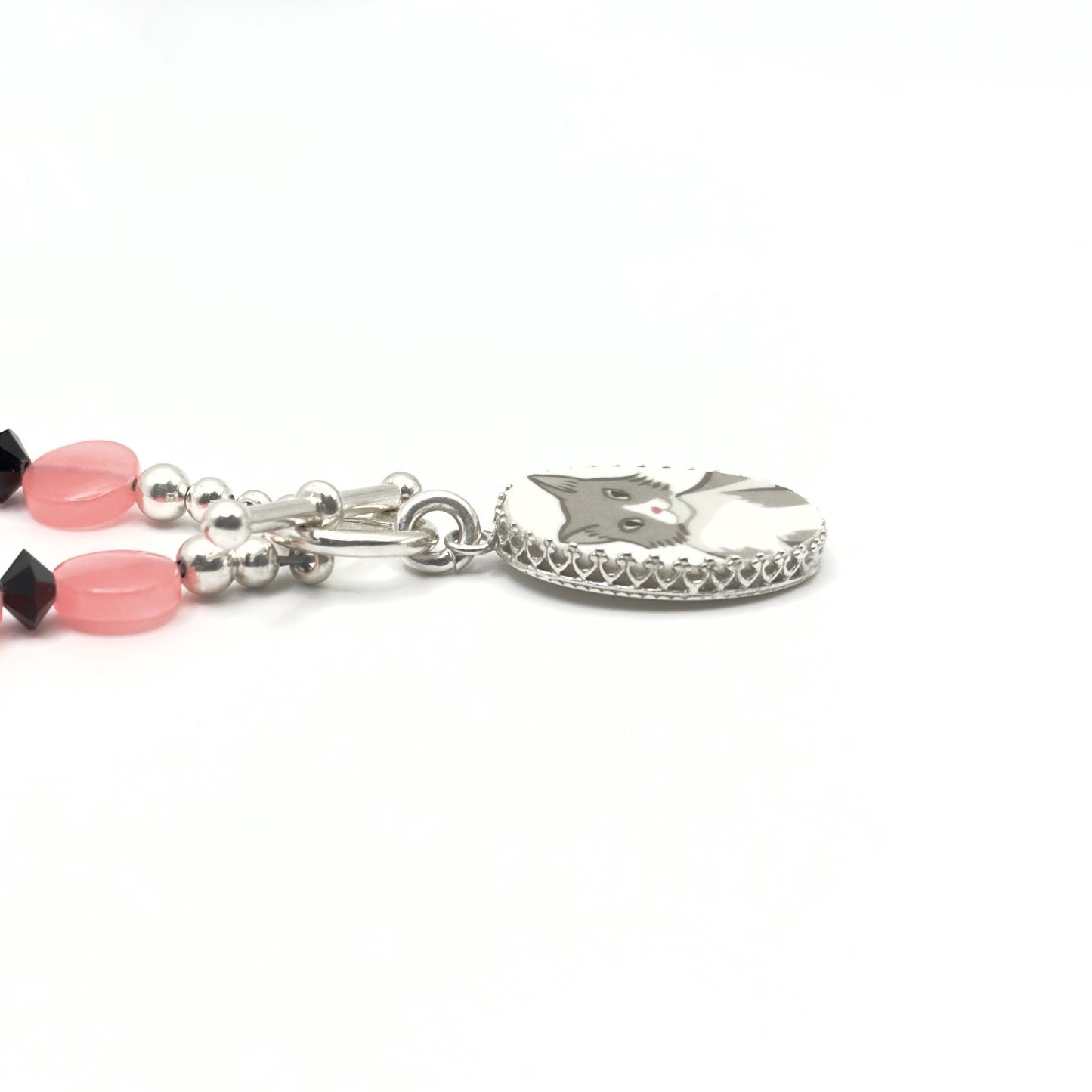 Gray Cat Broken China Necklace, Pink Nose Kitty, Jade and Jet Black Crystals Toggle Necklace, Gifts for Cat Lovers, Colorful Cat Jewelry