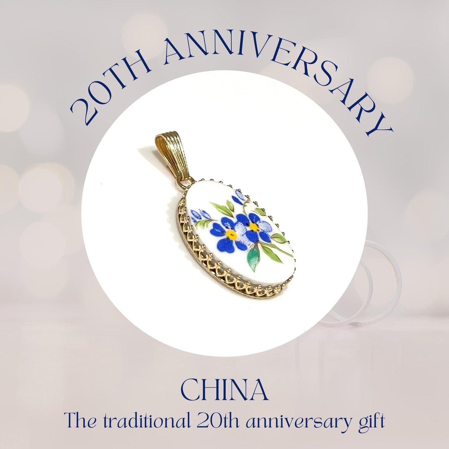 14K Gold Forget Me Not China Pendant, 20th Anniversary Gift for Wife, Broken China Jewelry, Unique 50th Anniversary Gifts for Women