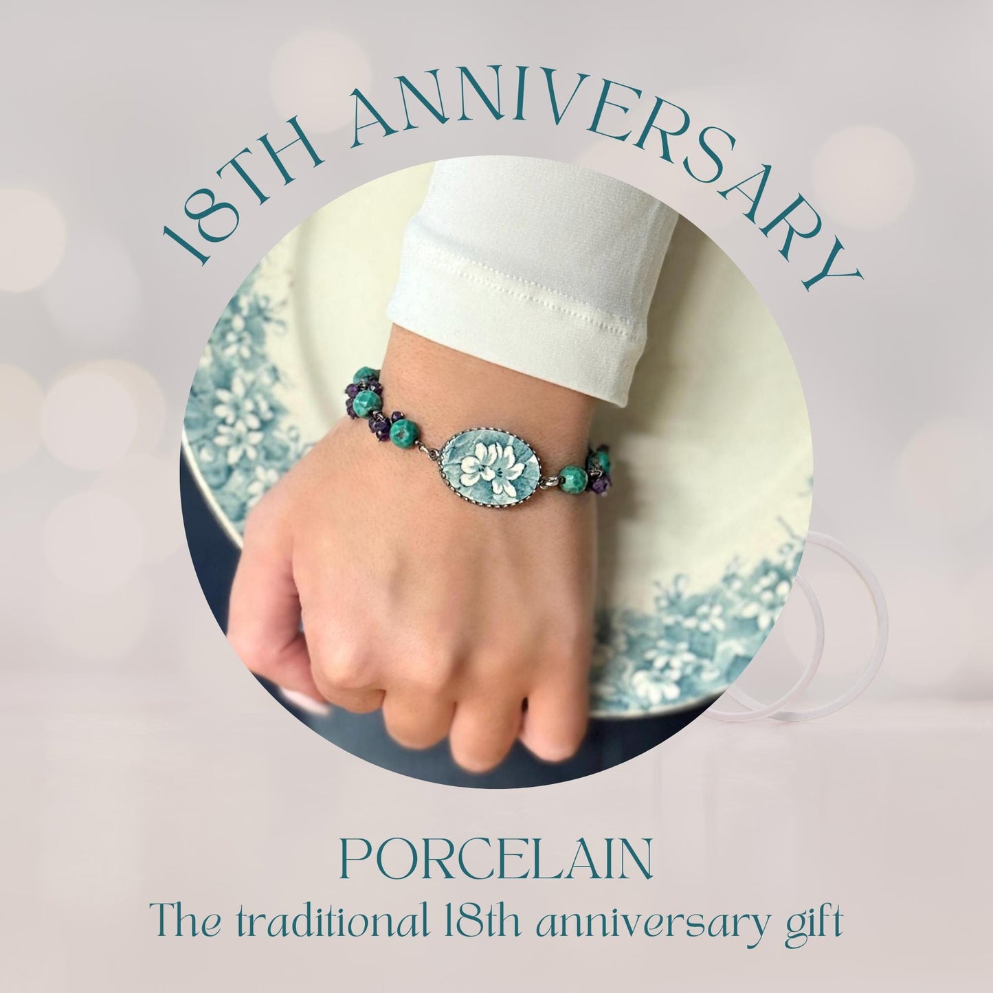 18th Wedding Anniversary Gift for Wife, Turquoise and Amethyst Beaded Bracelet, Porcelain Broken China Jewelry, Bohemian, Sterling Silver