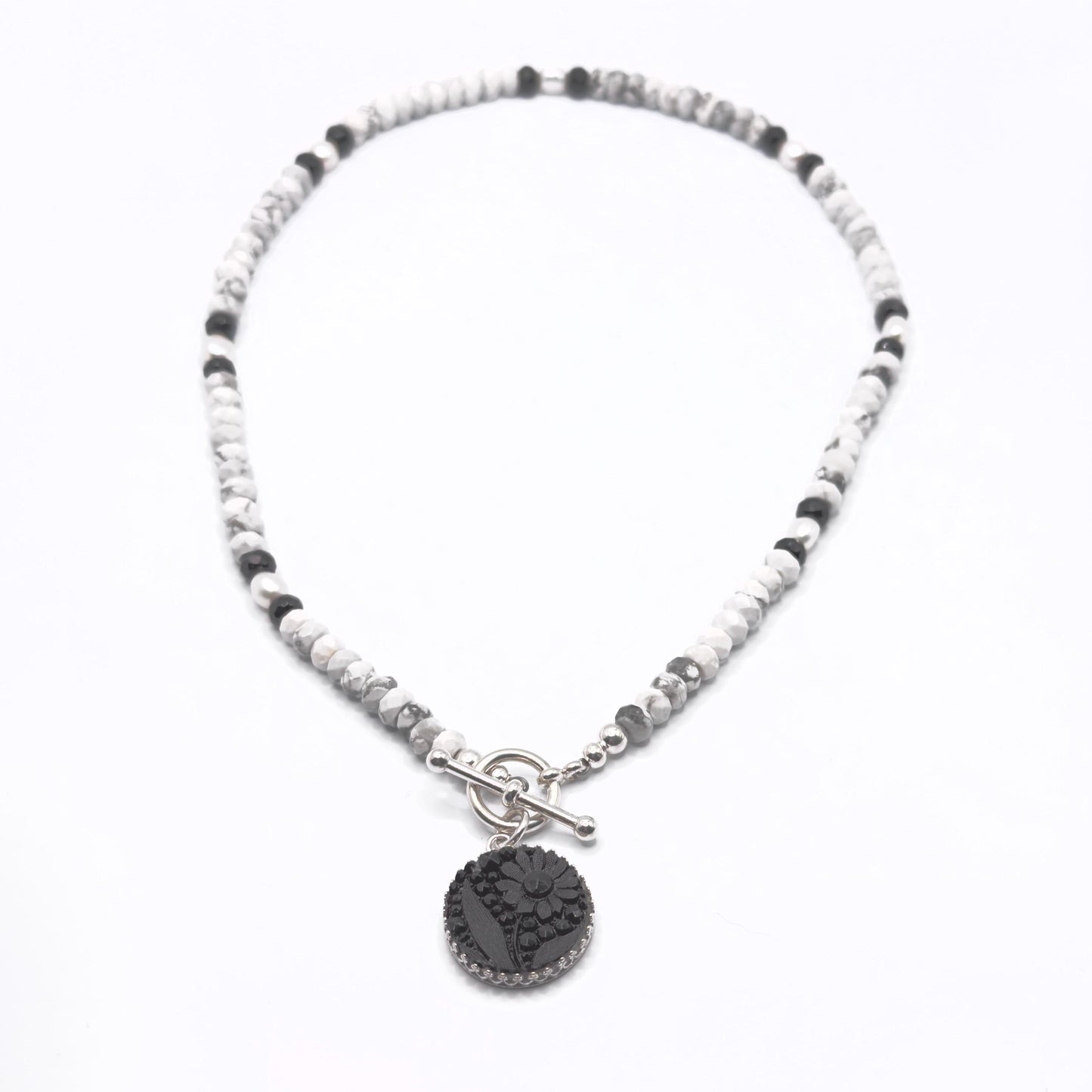 Vintage Black Glass Button Necklace, Victorian Statement Jewelry, Black Onyx, Freshwater Pearl and Howlite Semi Precious Stones