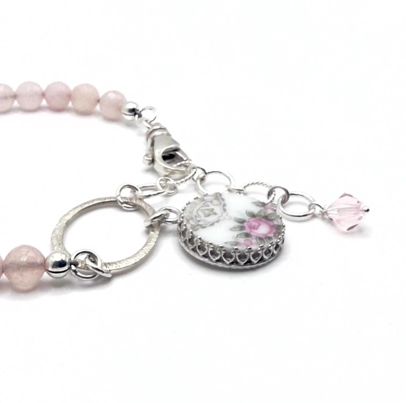 2nd Anniversary China Gifts for Wife, Dainty Rose Quartz Bracelet, Broken China Jewelry, Unique Gifts for Women, Noritake Glenwood Pink Rose
