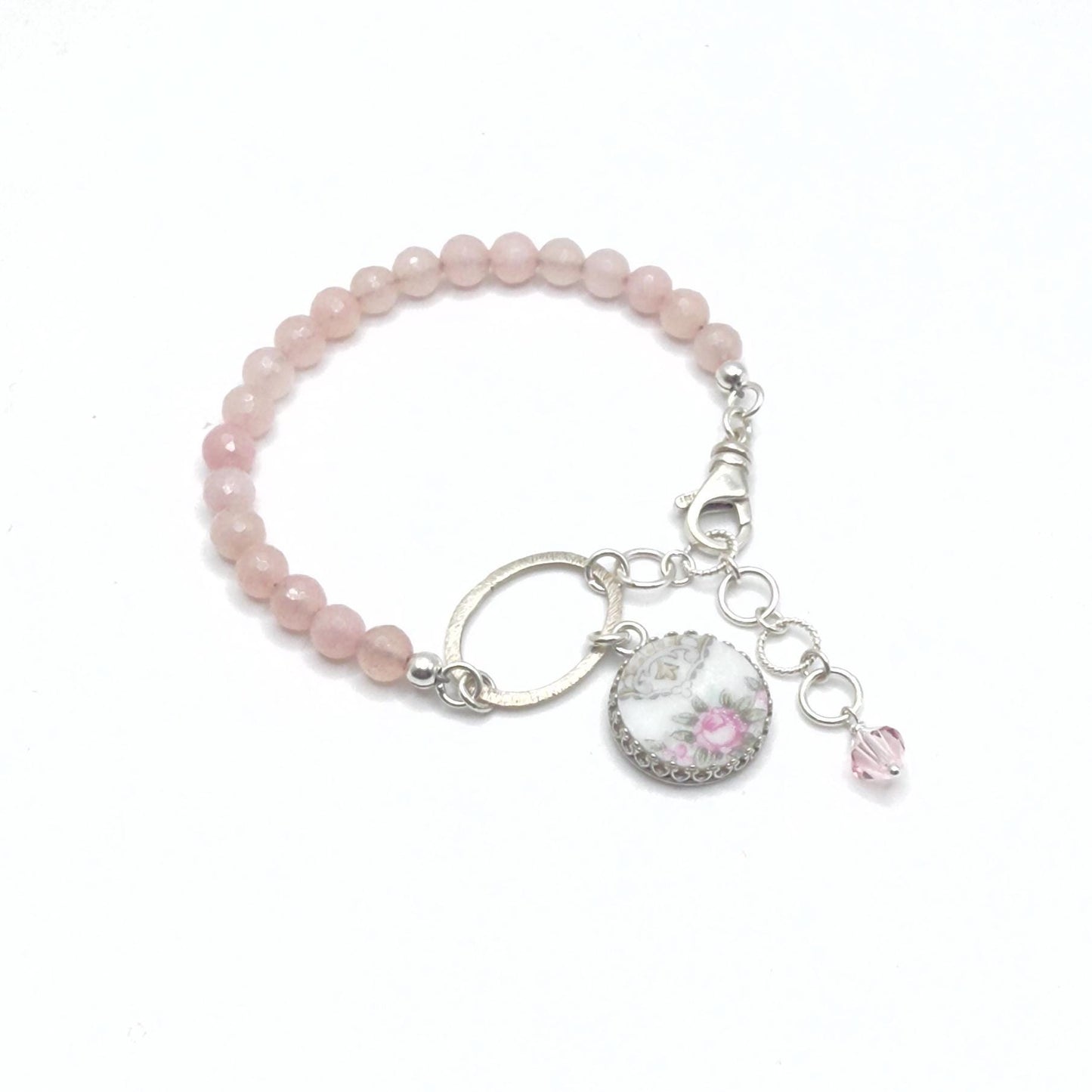 2nd Anniversary China Gifts for Wife, Dainty Rose Quartz Bracelet, Broken China Jewelry, Unique Gifts for Women, Noritake Glenwood Pink Rose