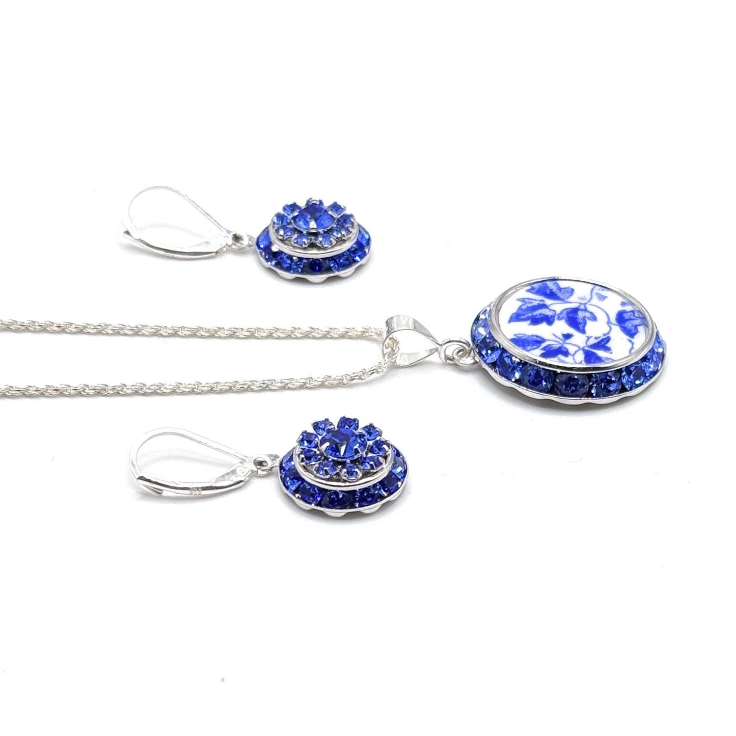 September Birthstone Necklace and Earrings Set, Sapphire Blue Crystal Broken China Jewelry, Gifts for Her, Shelley Dainty Blue China Pattern
