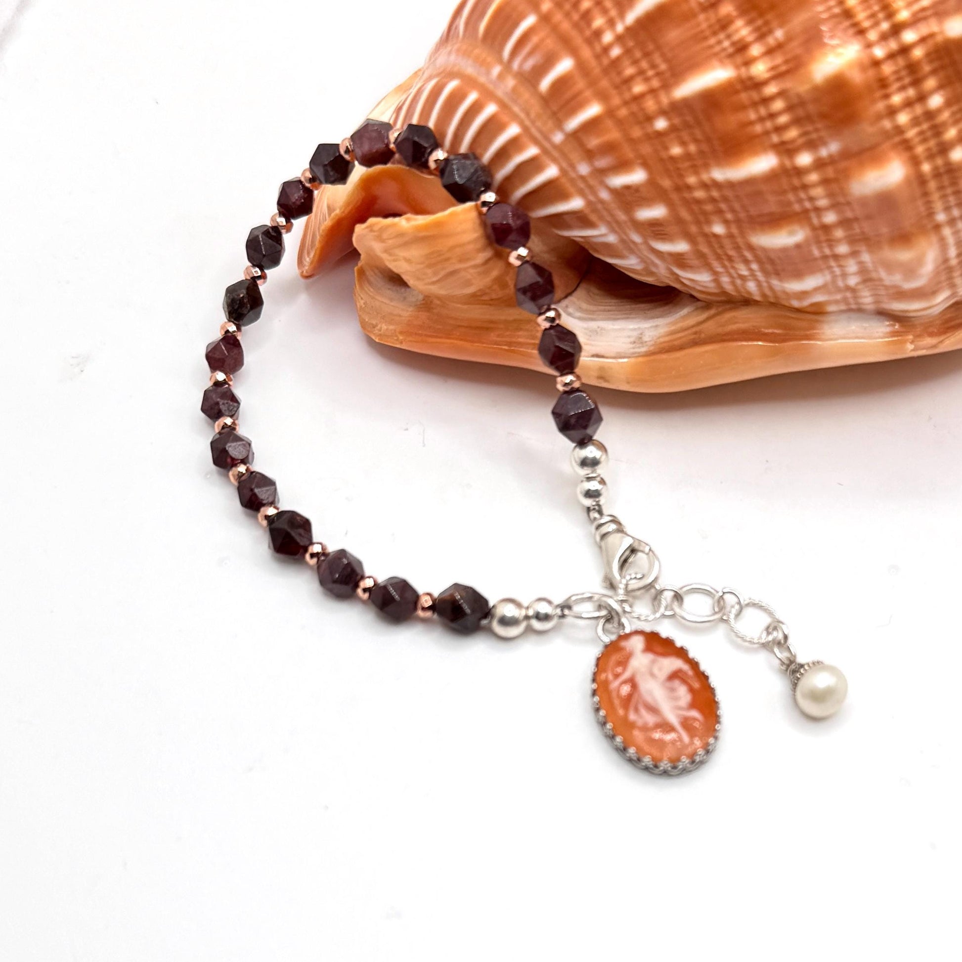 Dancing Fairy Cameo Bracelet, Real Vintage Italian Shell Cameo, Garnet and Pyrite, Pearl Drop Adjustable Bracelet, Gifts for Women