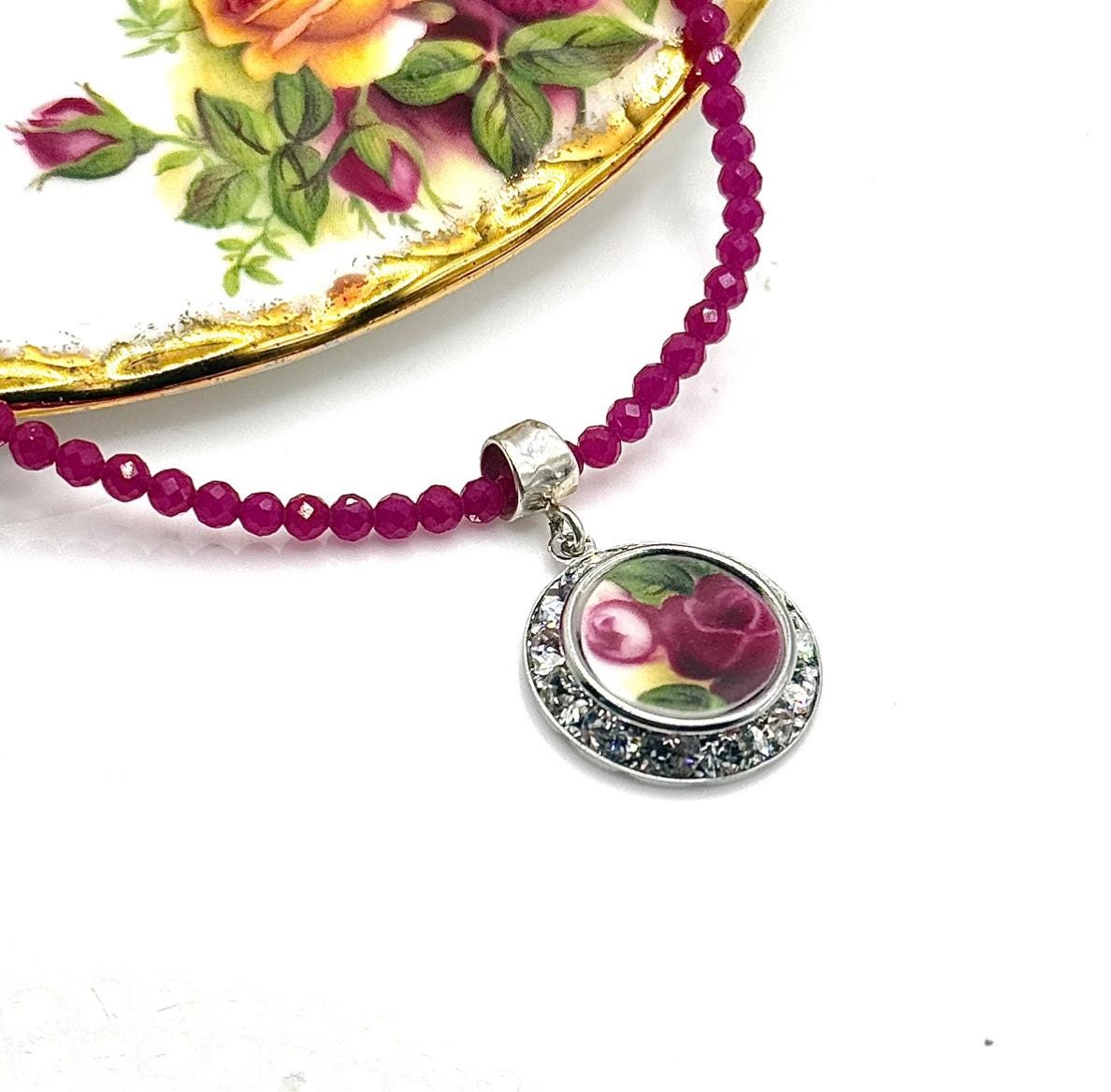 Dainty Ruby Necklace, 20th Anniversary Gifts for Wife, Red Rose for Love, Crystal Broken China Jewelry, Royal Albert Old Country Roses