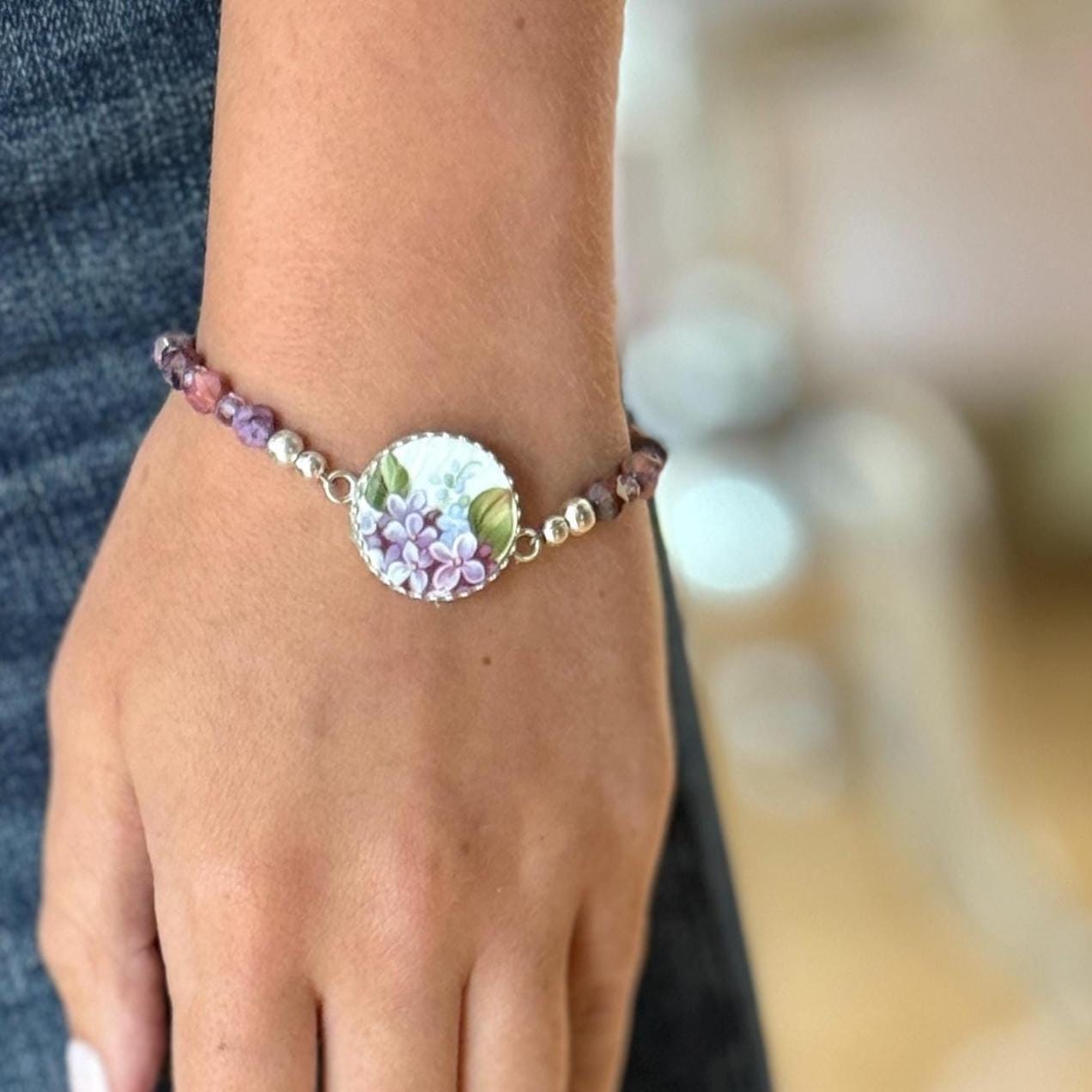Purple Lilac Bracelet, 20th Anniversary Gift for Wife, Broken China Jewelry, Natural Jasper Gemstones, Sterling Silver Statement Bracelet