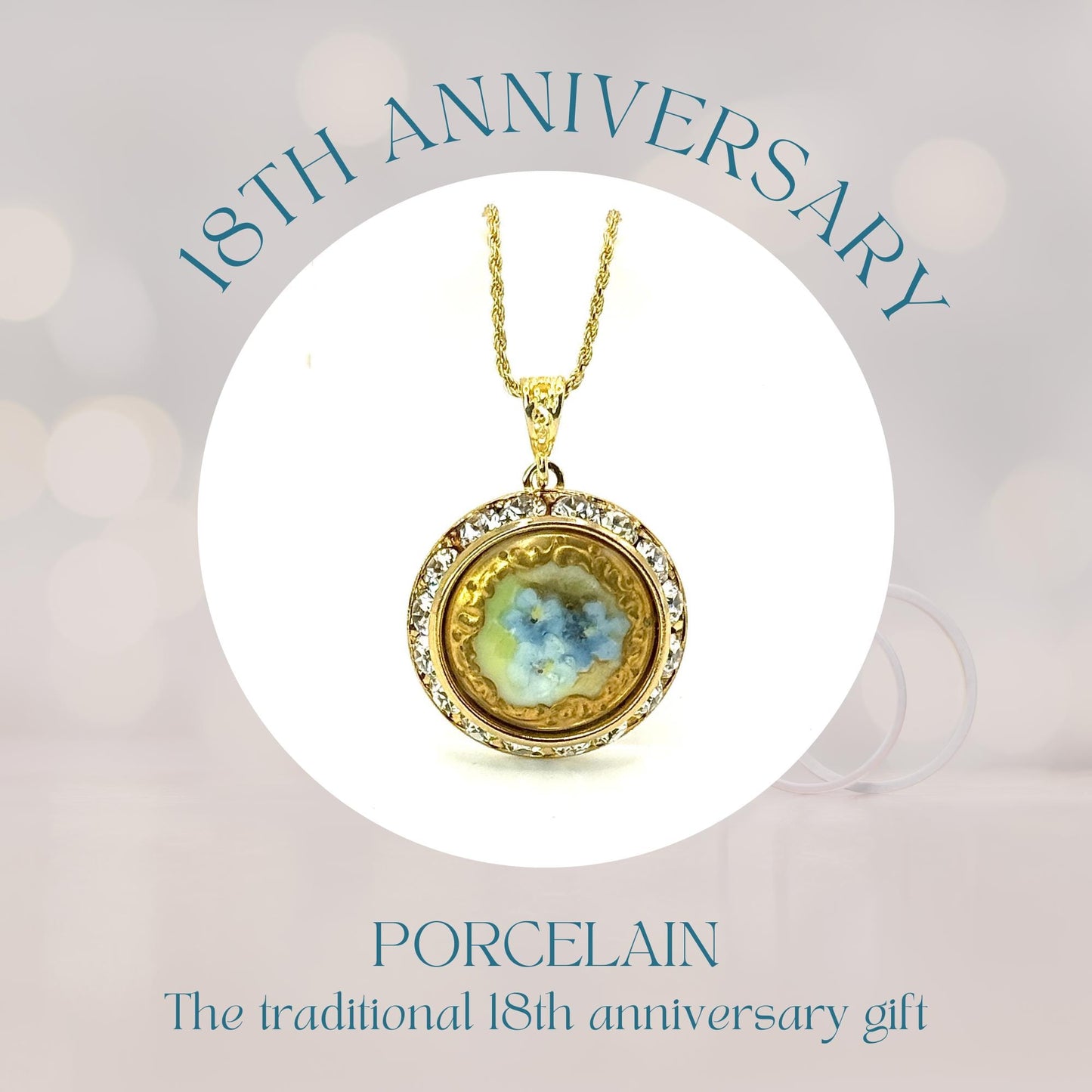Forget Me Not Antique Button Necklace, Hand Painted Porcelain Button, 18th Anniversary Gifts for Wife, Adjustable Gold Necklace