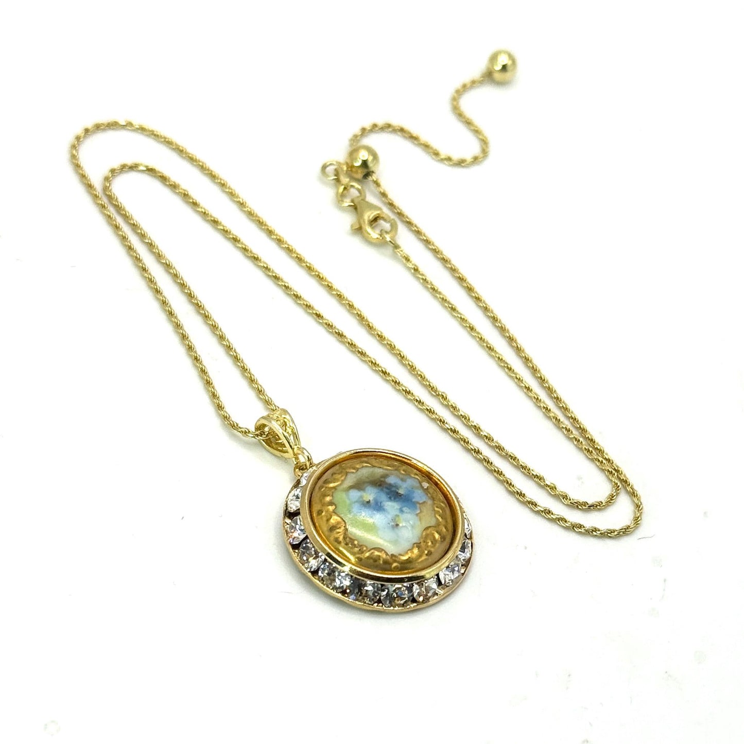 Forget Me Not Antique Button Necklace, Hand Painted Porcelain Button, 18th Anniversary Gifts for Wife, Adjustable Gold Necklace