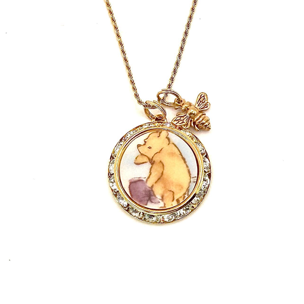 Winnie the Pooh Necklace, Gold Crystal Jewelry, Gift for New Mom, 20th Anniversary Gift for Wife, Broken China Jewelry, Honey Bee Necklace