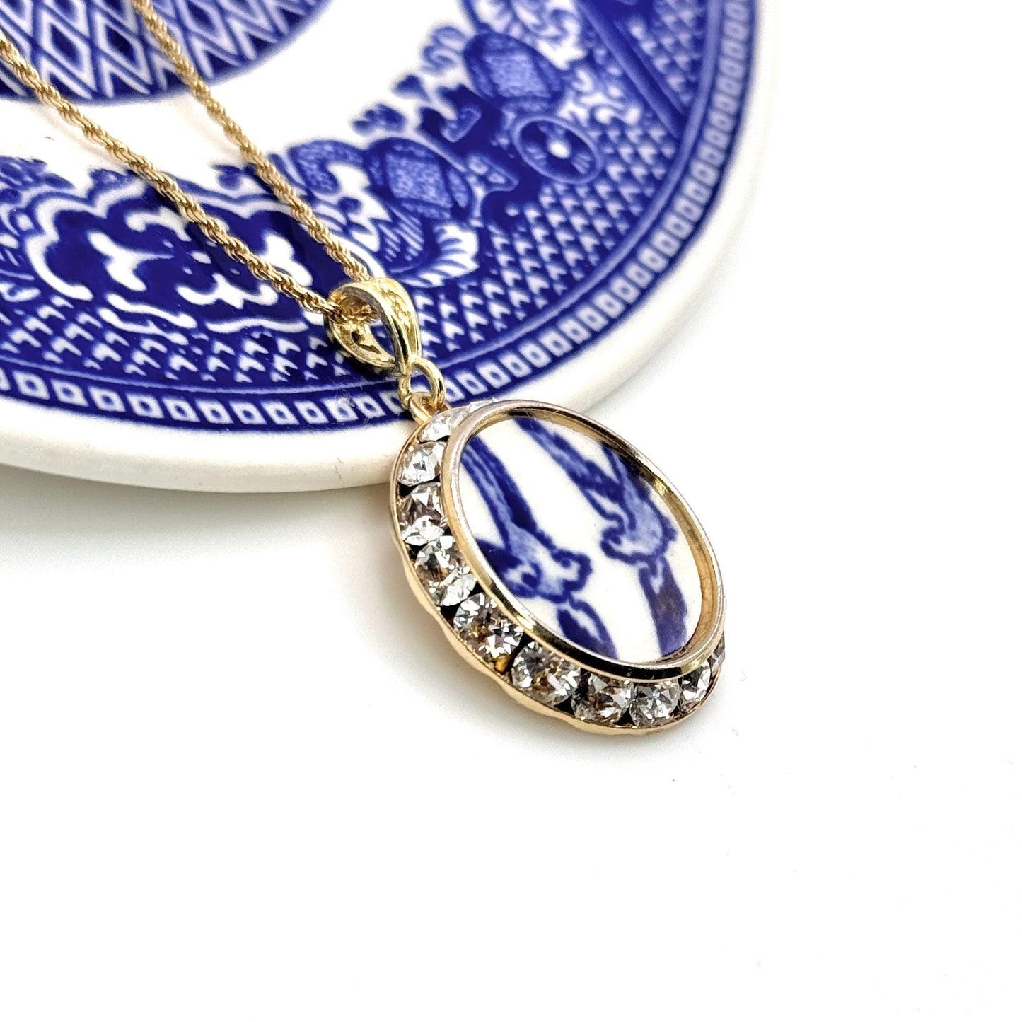 Adjustable Love Birds China Necklace, Gold Broken China Jewelry Romantic 20th Anniversary Gift for Wife Vintage Blue Willow China