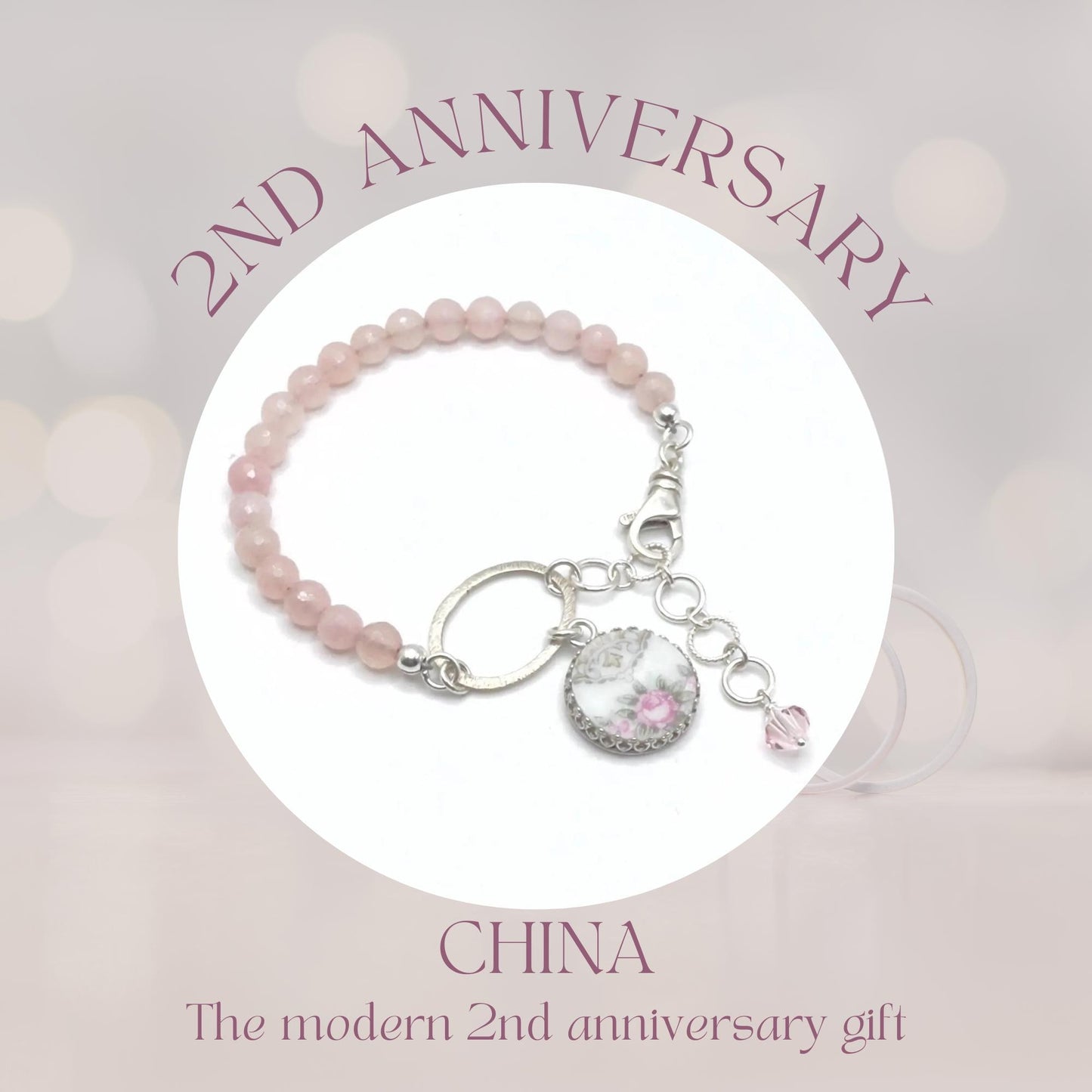 2nd Anniversary China Gifts for Wife, Dainty Rose Quartz Bracelet, Broken China Jewelry, Unique Gifts for Women, Noritake Glenwood Pink Rose