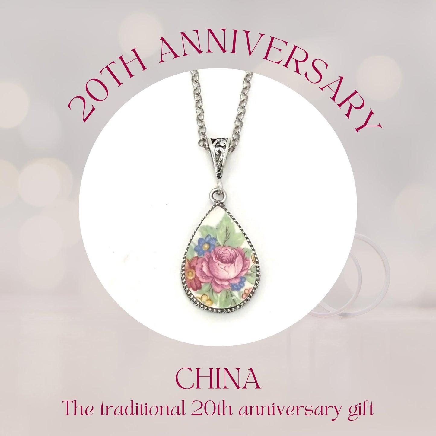 Pink Rose Vintage China Necklace, Unique 20th Anniversary Gifts for Wife, Broken China Jewelry, Sterling Silver, Repurposed American China