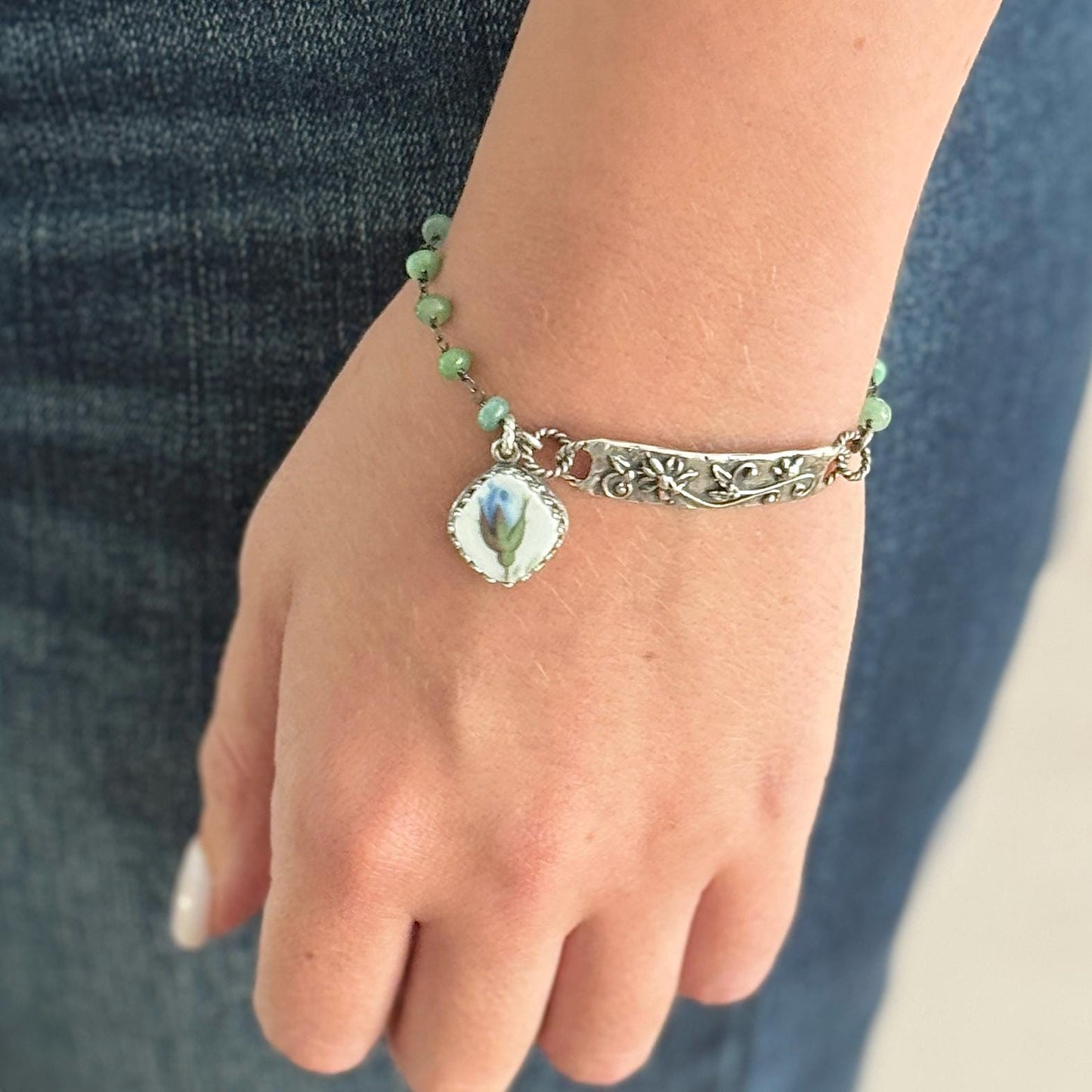 Dainty Natural Emerald Bracelet, 20th Anniversary Gift for Wife Blue Rose Broken China Jewelry, Royal Albert Moonlight Rose Vintage China