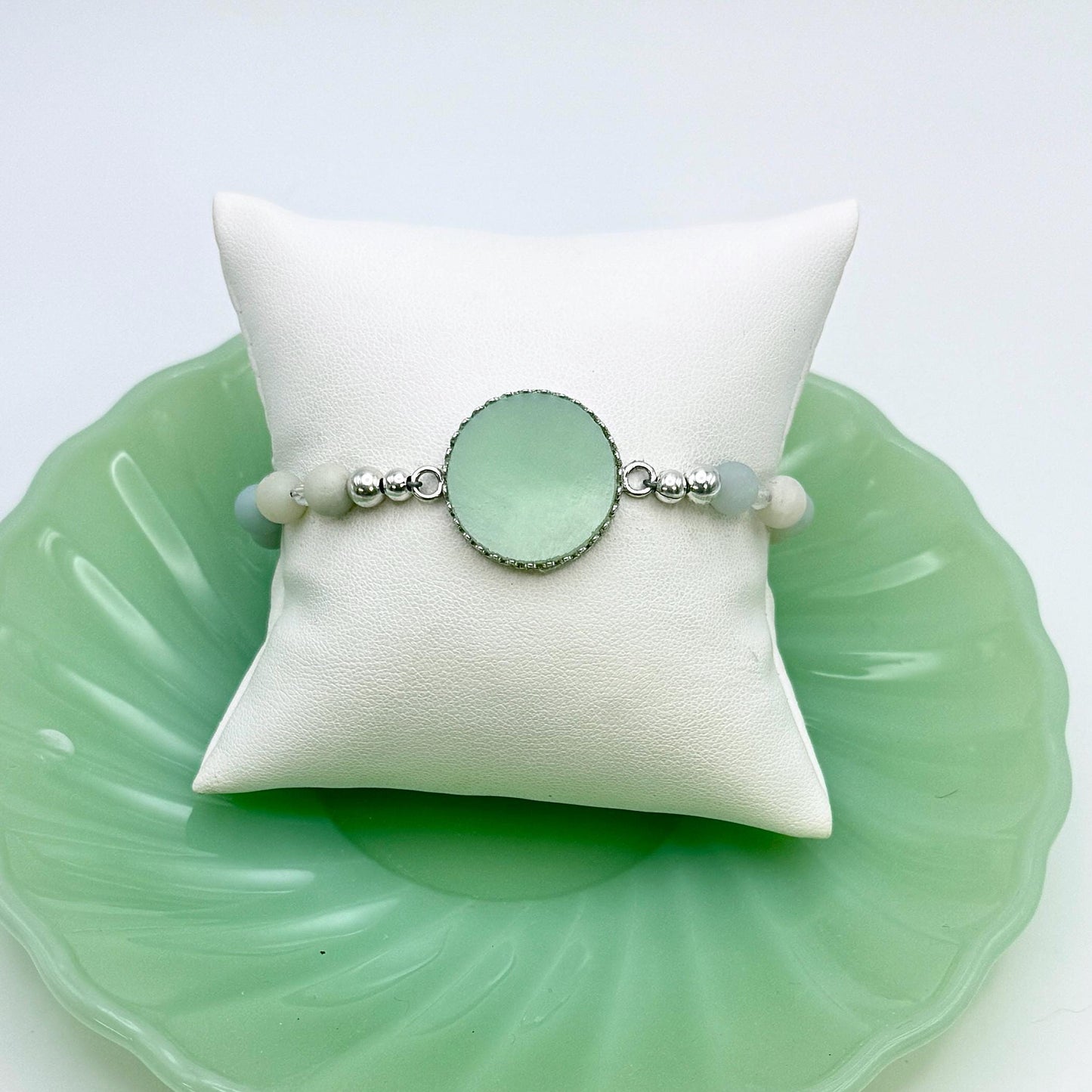 Alice Fire King Jadeite, Vintage Depression Glass, Unique Anniversary Jewelry Gifts for Women, Adjustable Amazonite Bracelet