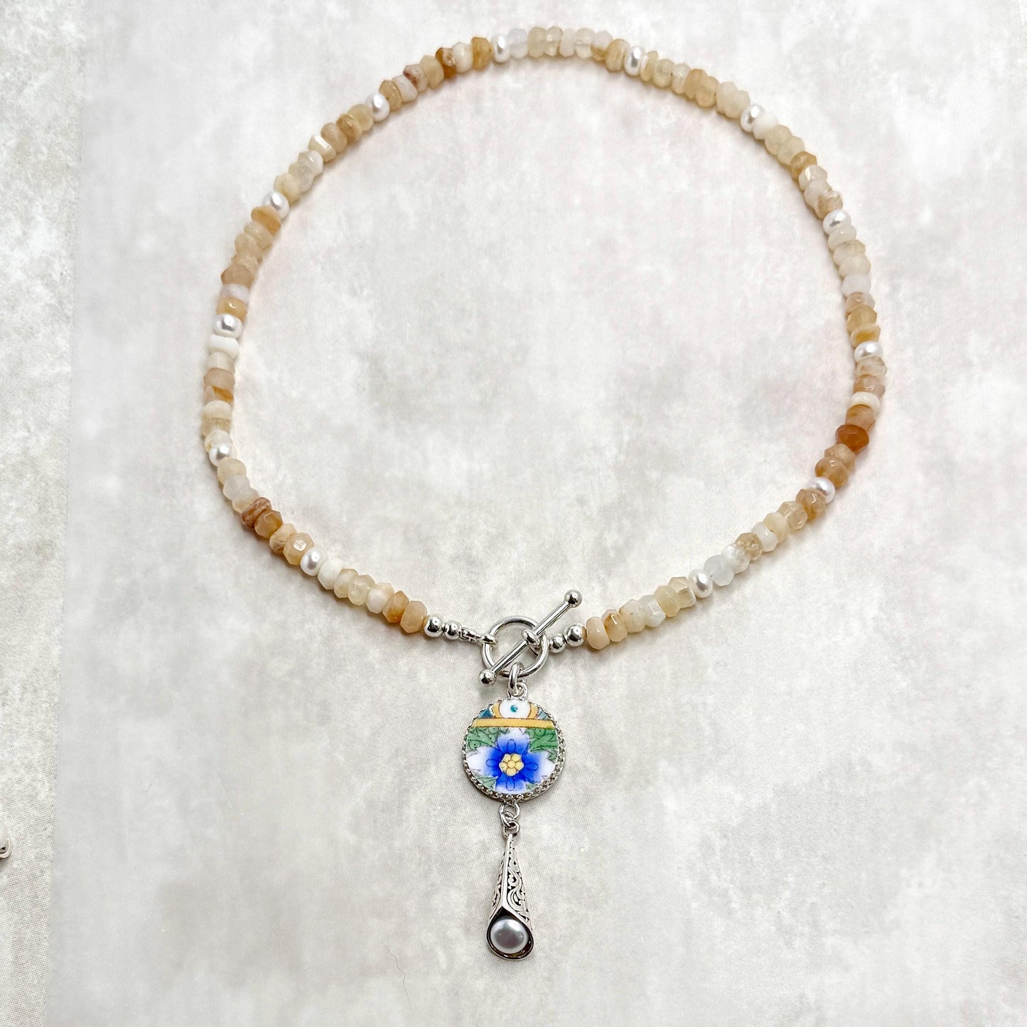 Unique 20th Wedding Anniversary Gifts for Wife, One-of-a-Kind, Jade and Pearl Broken China Jewelry Set, Unique Vintage Gifts for Her