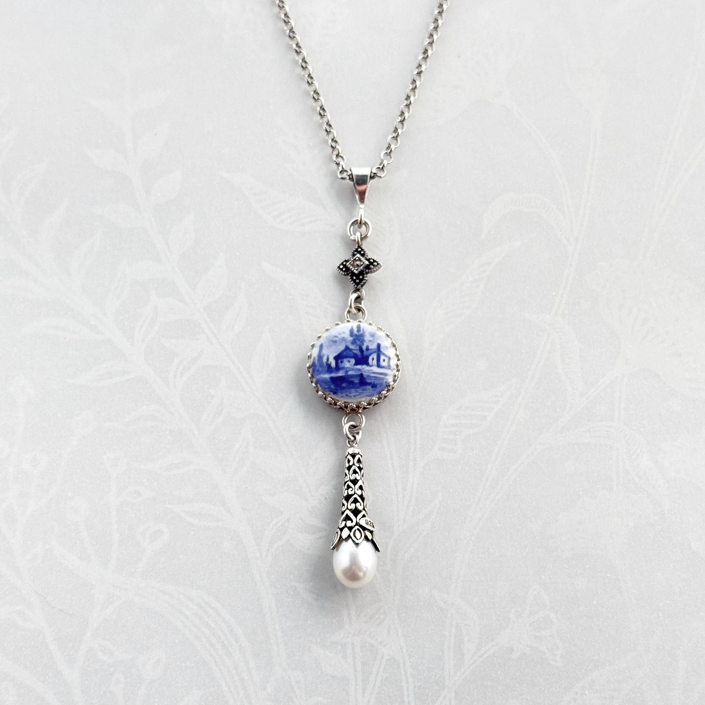 Vintage Button Necklace, Unique 18th Anniversary Gift for Wife, Hand Painted Delft Porcelain from Holland, Marcasite and Pearl Drop Necklace