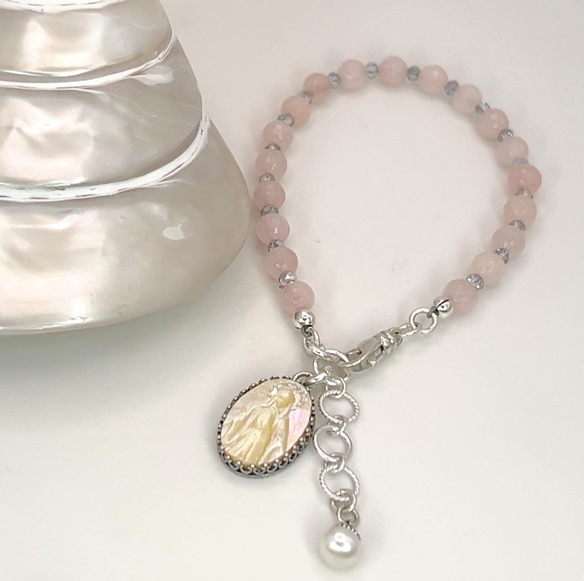 Blessed Mother Mary Pearl Cameo Bracelet, Religious Jewelry Gifts for Women, Adjustable Rose Quartz Bracelet, Sterling Silver