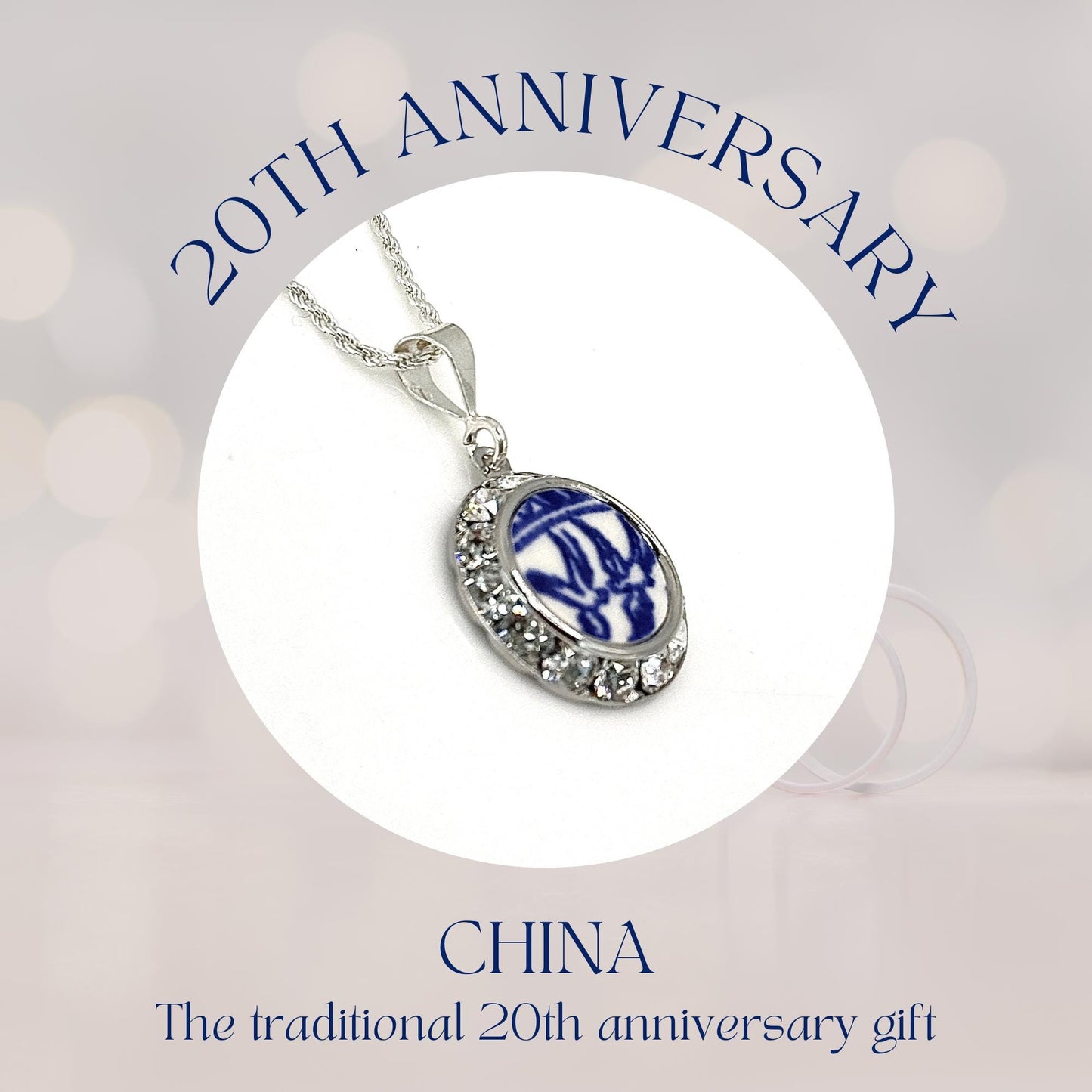 Dainty Love Birds Crystal Necklace, 20th Anniversary Gift for Wife, Romantic Vintage Blue Willow Broken China Jewelry