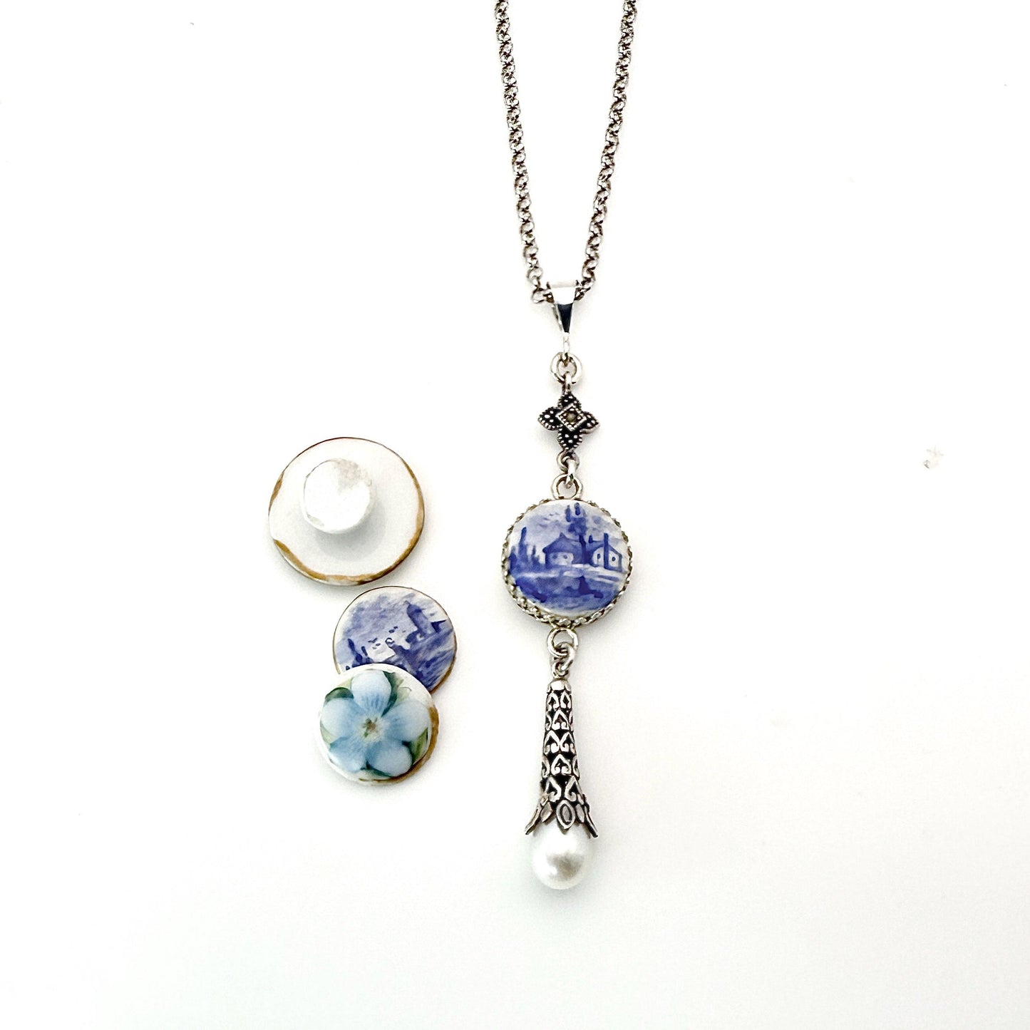 Vintage Button Necklace, Unique 18th Anniversary Gift for Wife, Hand Painted Delft Porcelain from Holland, Marcasite and Pearl Drop Necklace