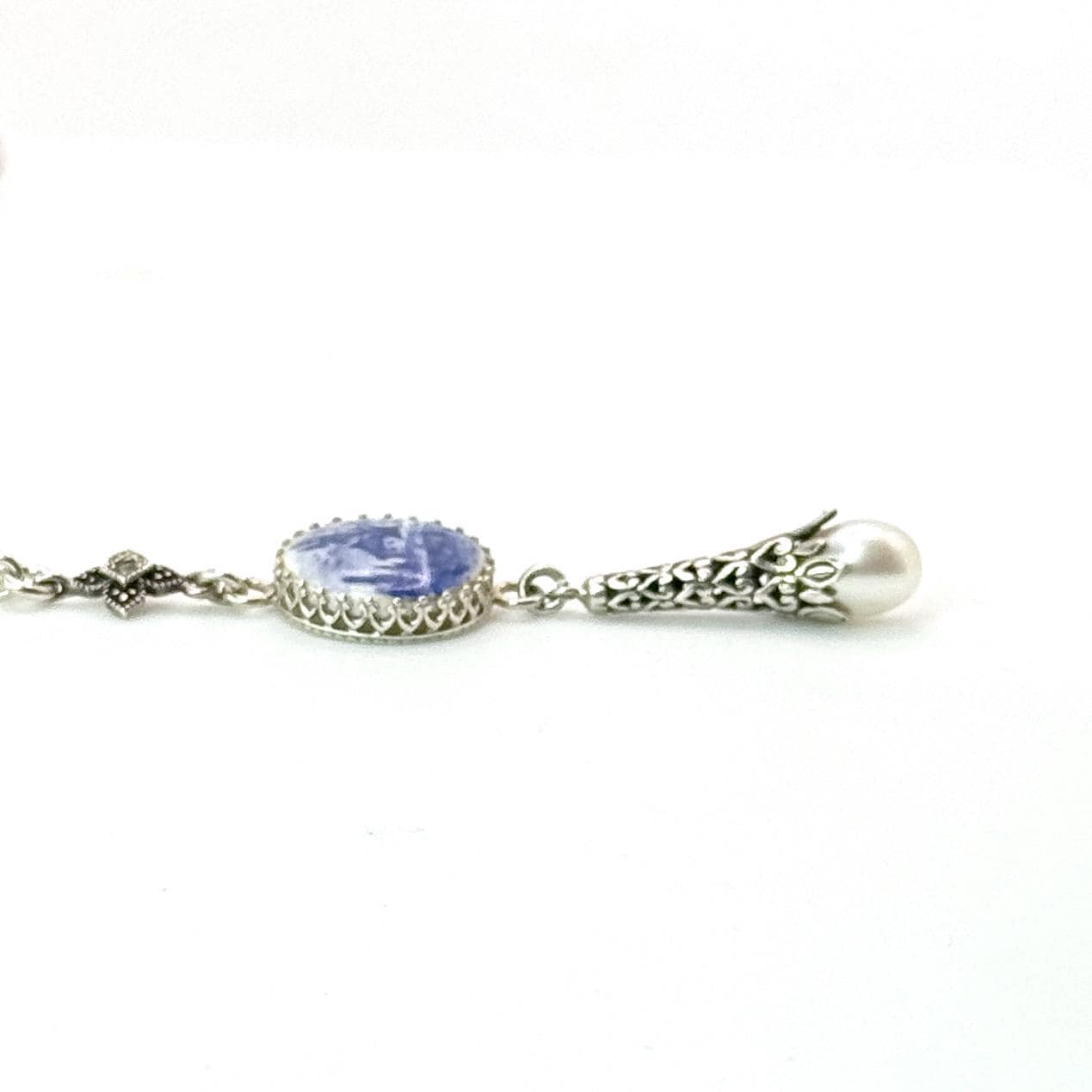 Vintage Button Necklace, Unique 18th Anniversary Gift for Wife, Hand Painted Delft Porcelain from Holland, Marcasite and Pearl Drop Necklace