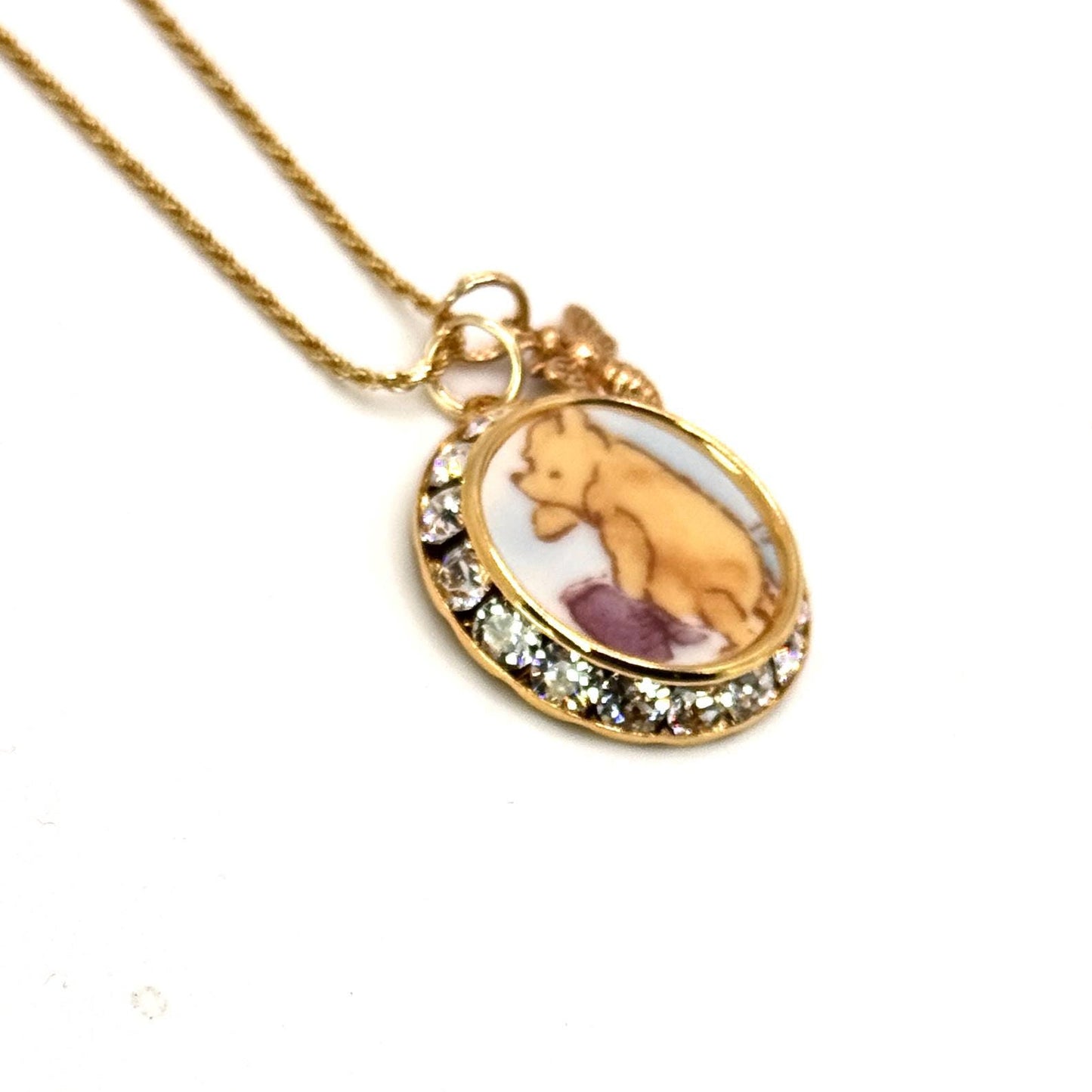 Winnie the Pooh Necklace, Gold Crystal Jewelry, Gift for New Mom, 20th Anniversary Gift for Wife, Broken China Jewelry, Honey Bee Necklace