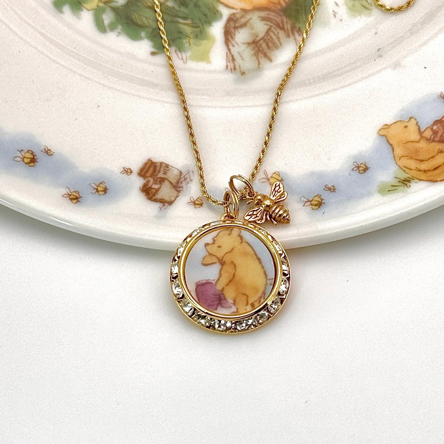 Winnie the Pooh Necklace, Gold Crystal Jewelry, Gift for New Mom, 20th Anniversary Gift for Wife, Broken China Jewelry, Honey Bee Necklace