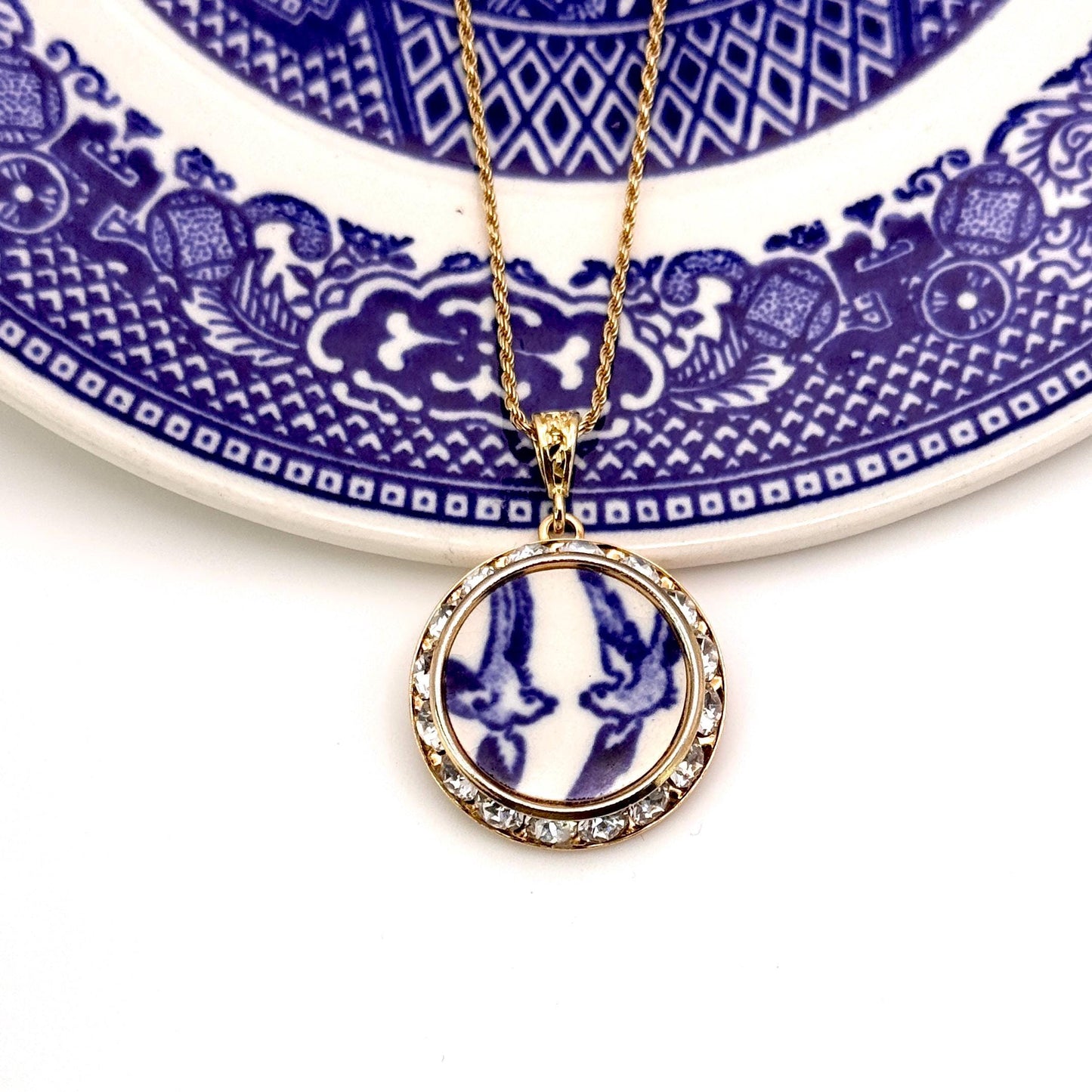 Adjustable Love Birds China Necklace, Gold Broken China Jewelry Romantic 20th Anniversary Gift for Wife Vintage Blue Willow China