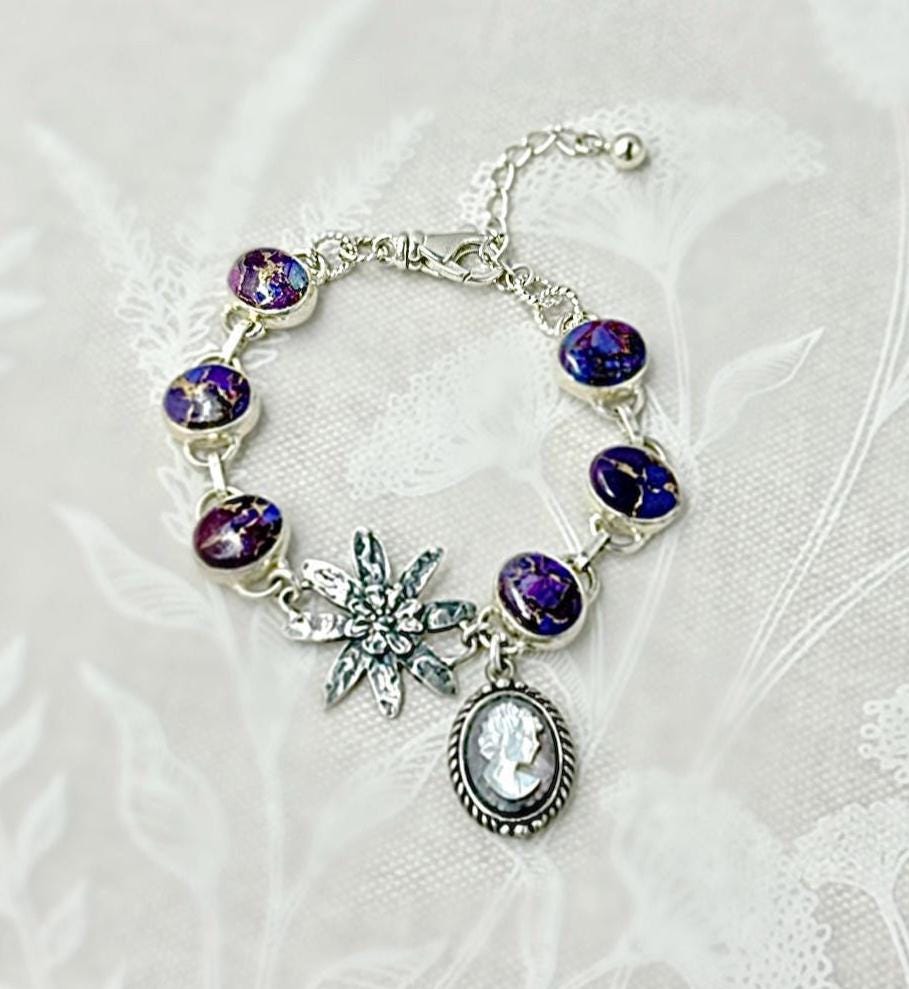 One-of-Kind Cameo Bracelet, Copper Turquoise and Mother of Pearl, Sterling Silver, Unique Gifts for Her