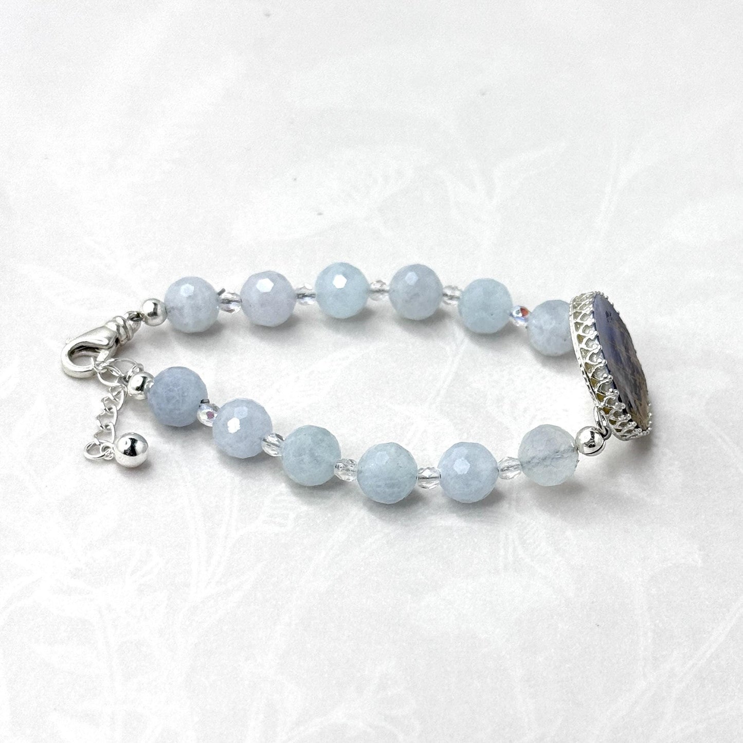 Antique Porcelain Statement Bracelet, 18th Anniversary Gift for Wife, Aquamarine Jewelry, Theodore Haviland Limoges, Flow Blue