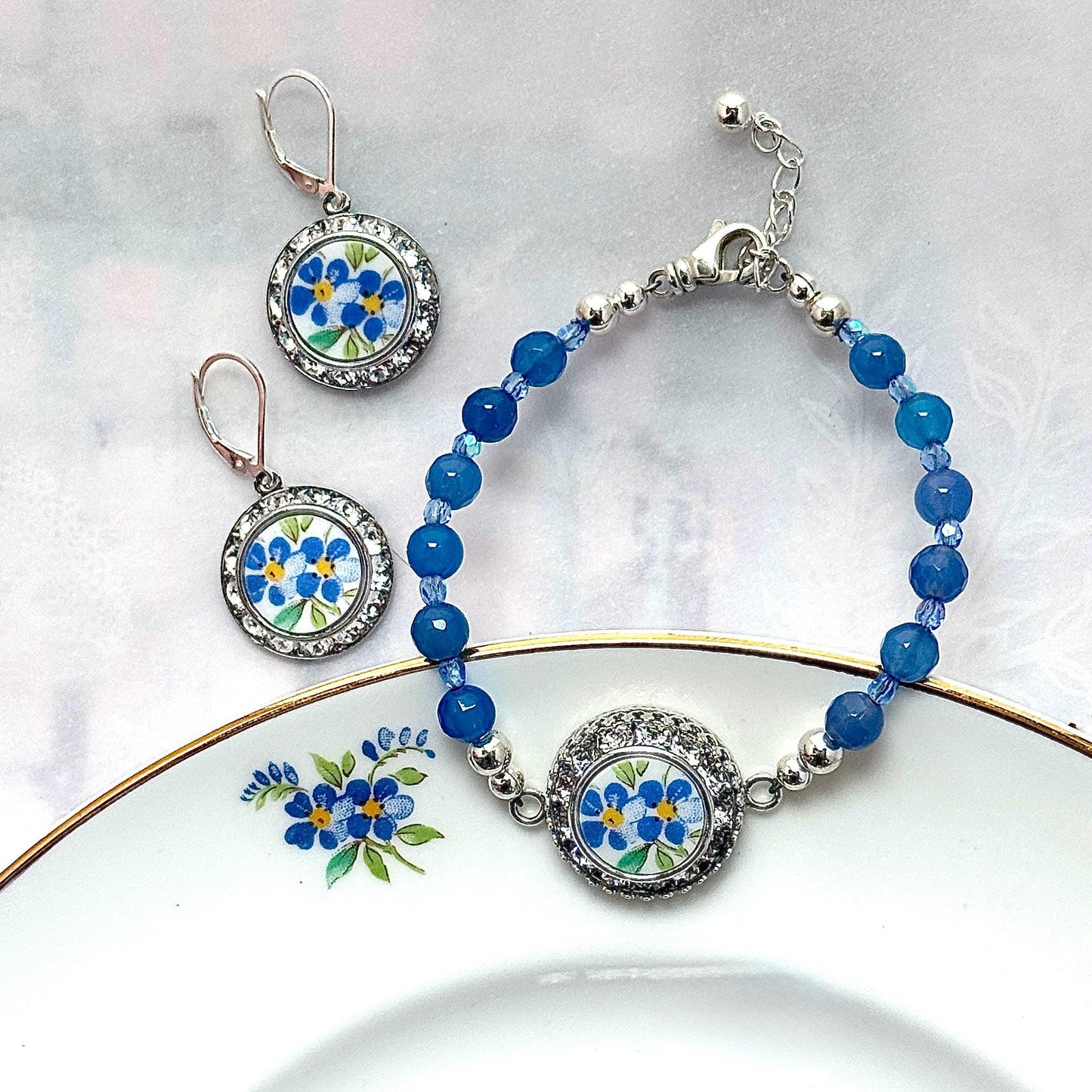 Forget Me Not China Bracelet & Earrings, 20th Anniversary Gift for Wife, Vintage Broken China Jewelry Set, Blue Flower Aquamarine Jewelry