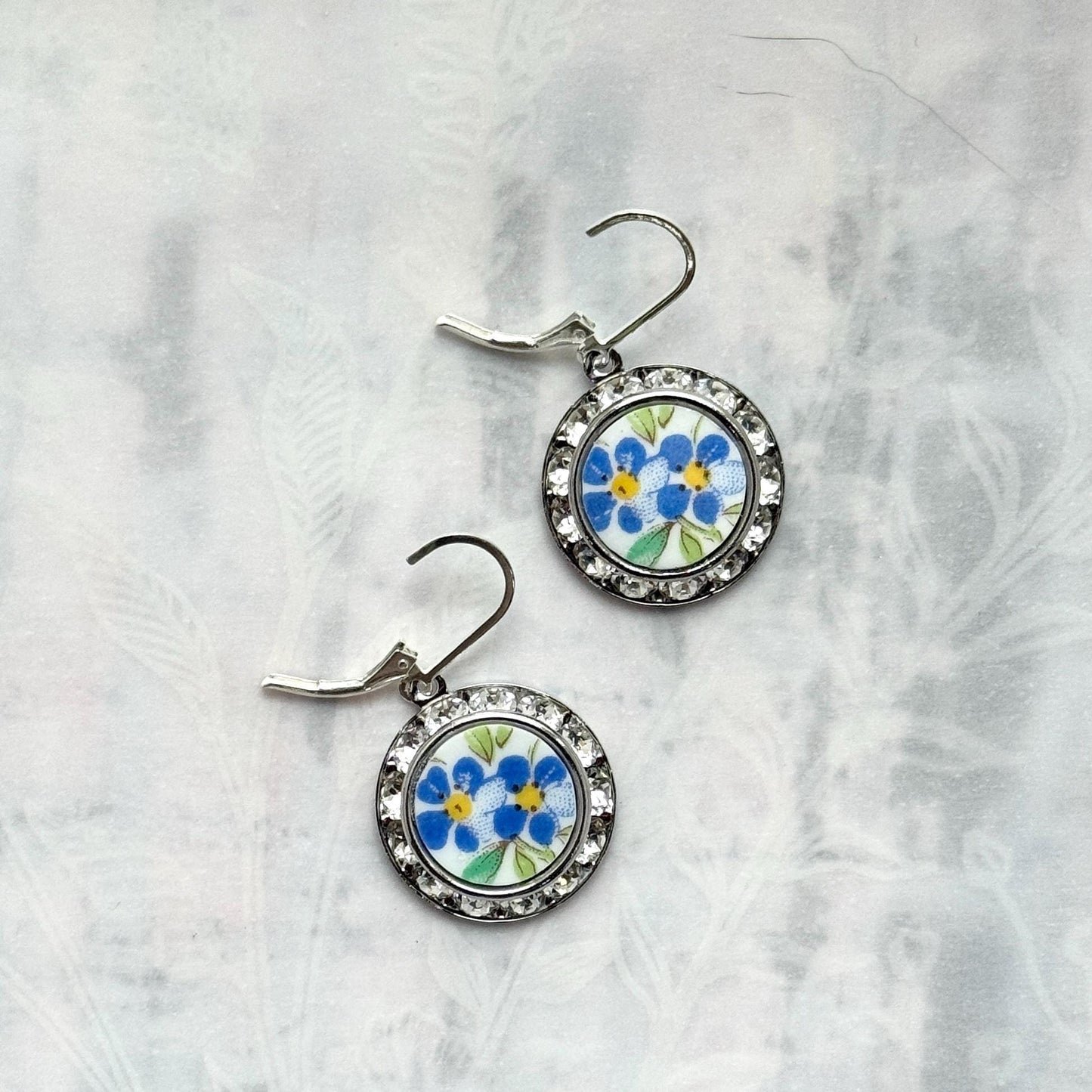 Forget Me Not China Bracelet & Earrings, 20th Anniversary Gift for Wife, Vintage Broken China Jewelry Set, Blue Flower Aquamarine Jewelry